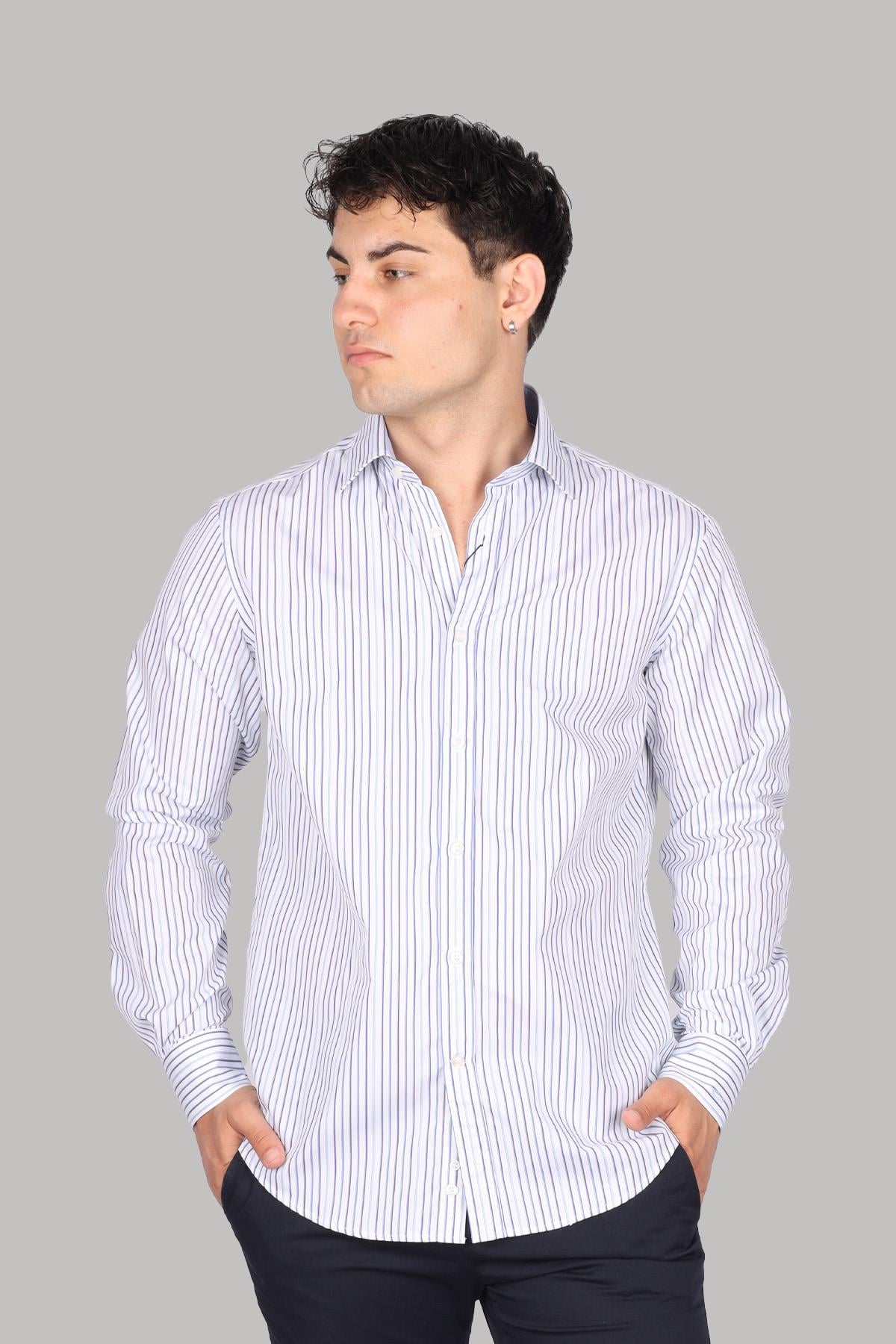 Paul Shark Paul Shark Erkek Regular Fit Çizgili Uzun Kol Beyaz-Mavi Gömlek 24413062CF-V88