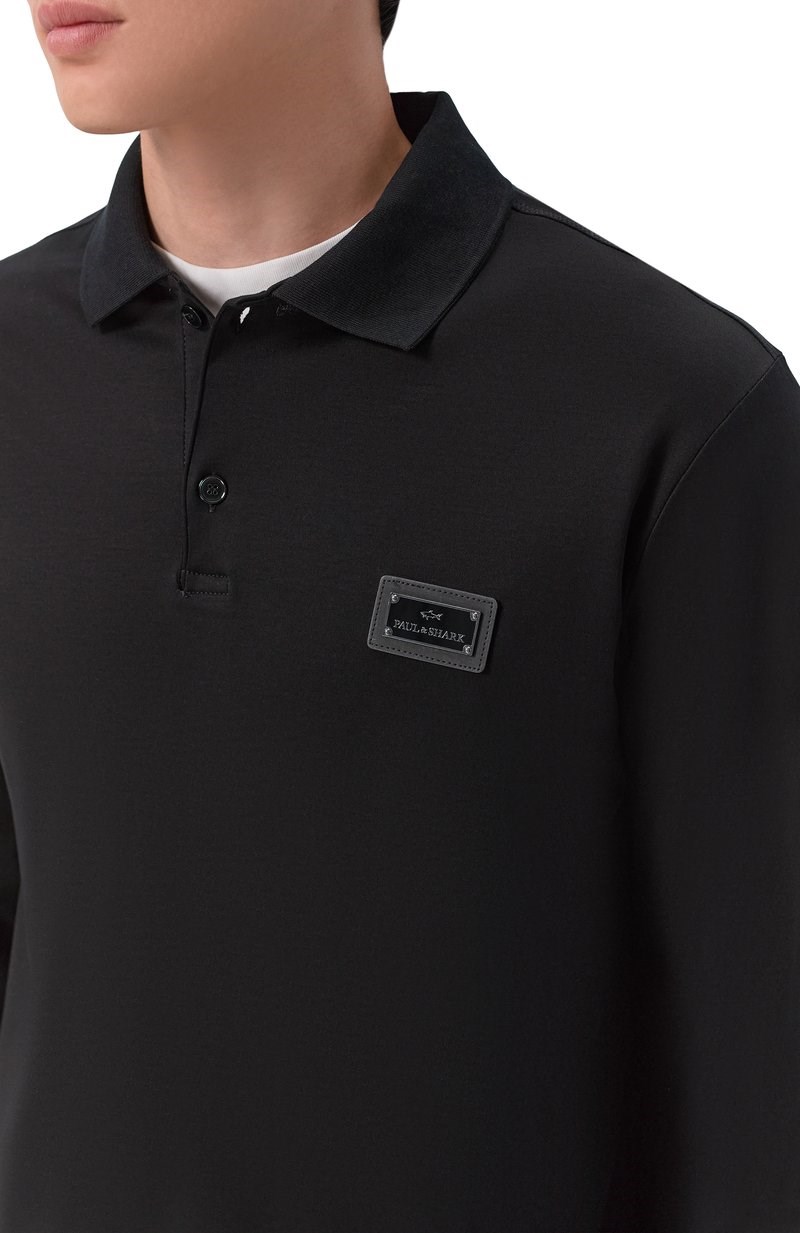 Paul Shark Paul Shark Erkek Regular Fit Pamuklu Logo Etiketli Uzun Kollu Siyah Polo Yaka T-Shirt 16311728-11D