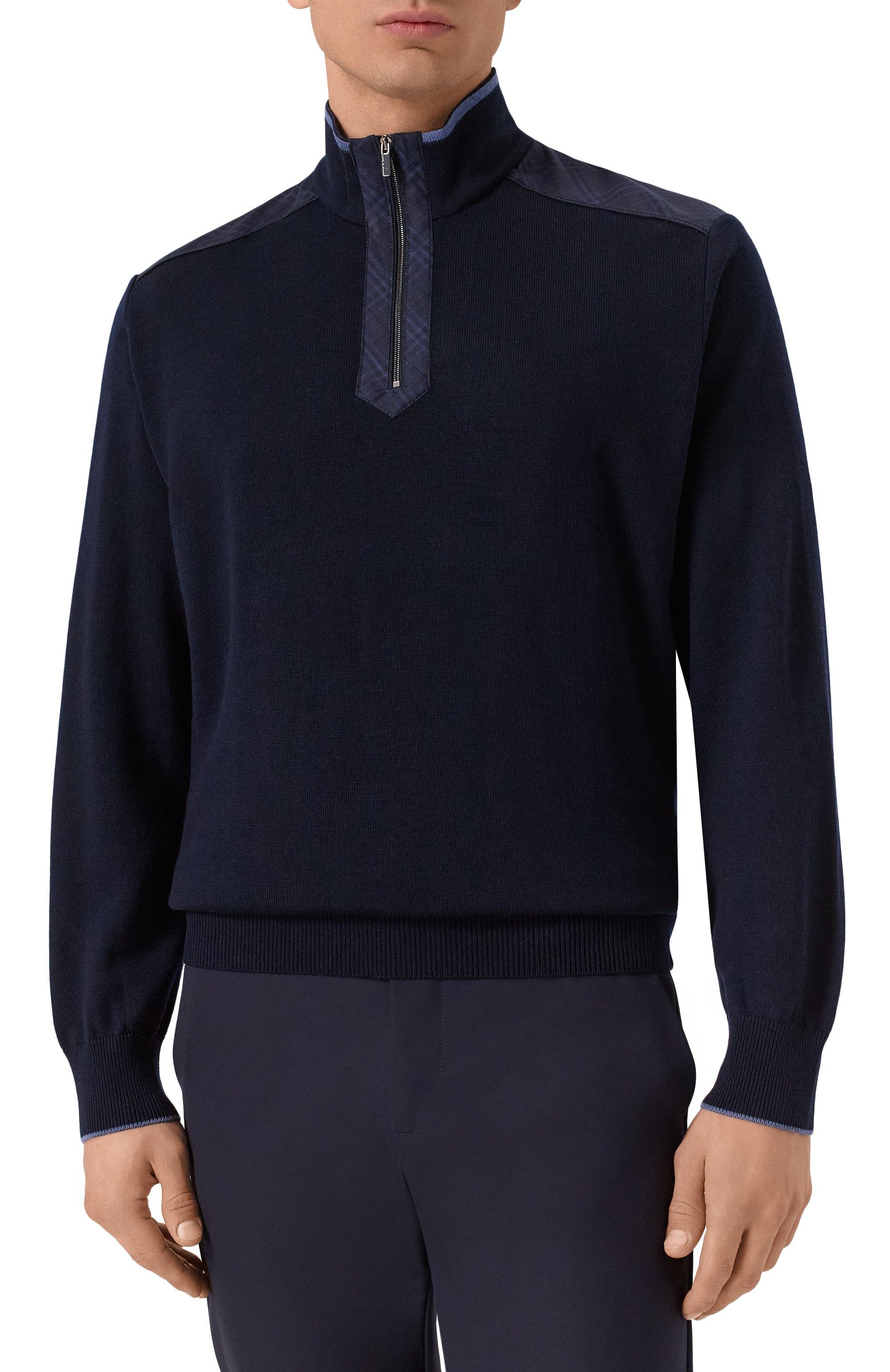 Paul Shark Paul Shark Erkek Regular Fit Yarım Fermuarlı Omuzları Desenli %100 Saf Yün Triko Lacivert Triko 15311138-050