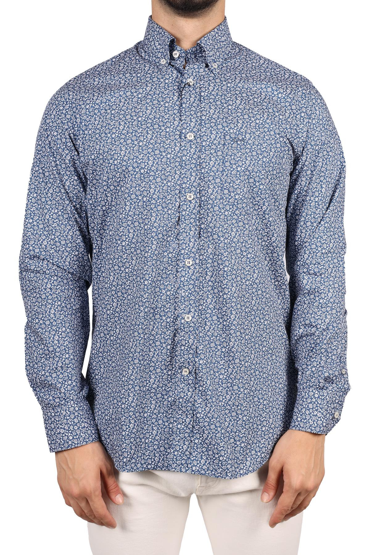 Paul Shark Paul Shark Erkek Regular Fit Desenli Uzun Kol Lacivert-Beyaz Gömlek 21413444-001