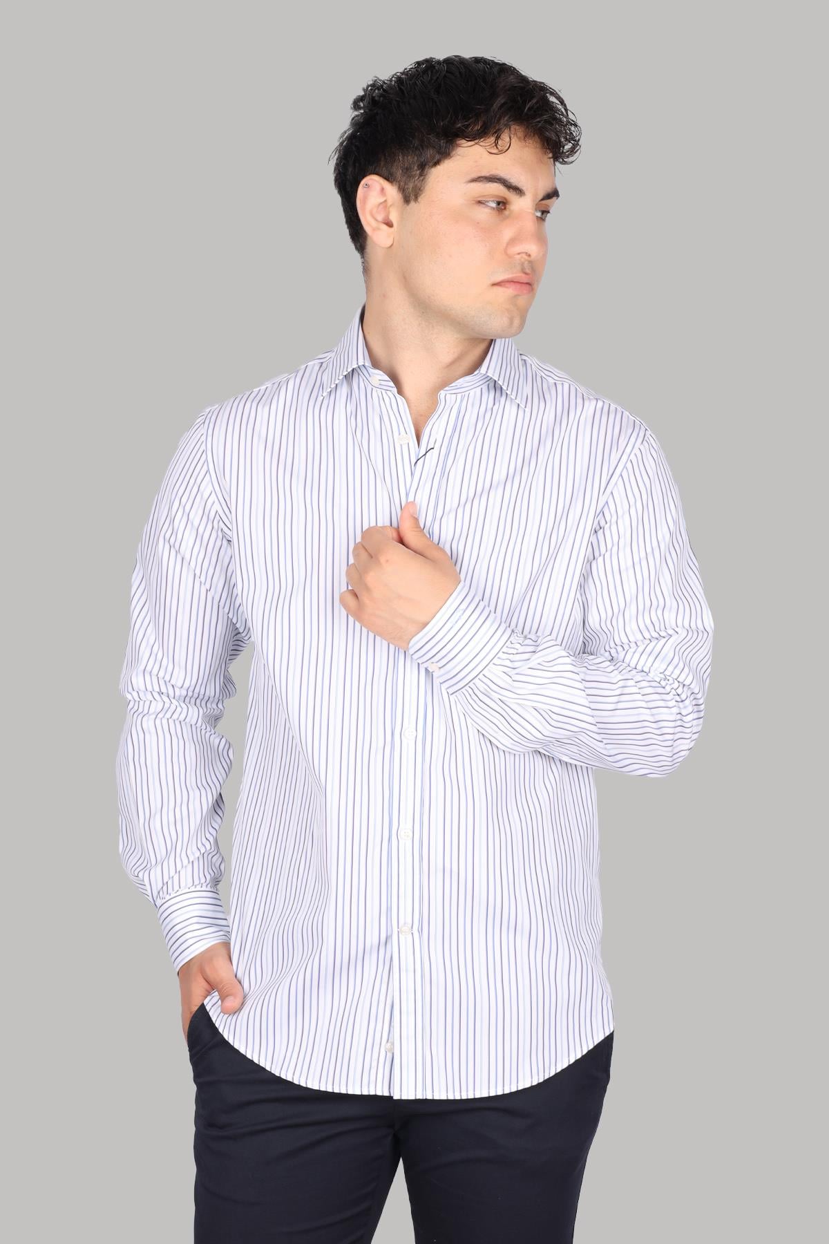Paul Shark Paul Shark Erkek Regular Fit Çizgili Uzun Kol Beyaz-Mavi Gömlek 24413062CF-V88