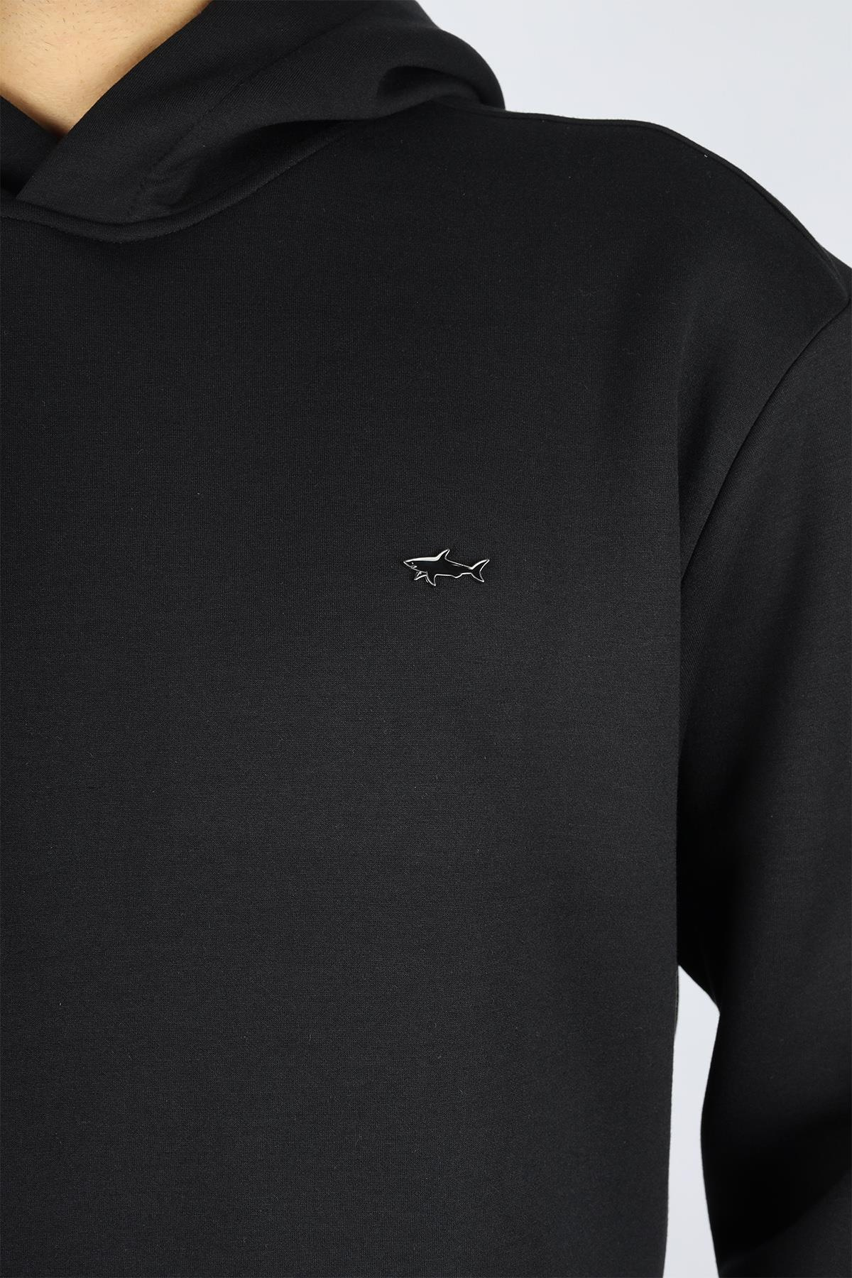 Paul Shark Paul Shark Erkek Regular Fit Kapüşonlu Yaka Shark Logo Detaylı Uzun Kollu Siyah-Gümüş Sweatshirt 15311851-11D