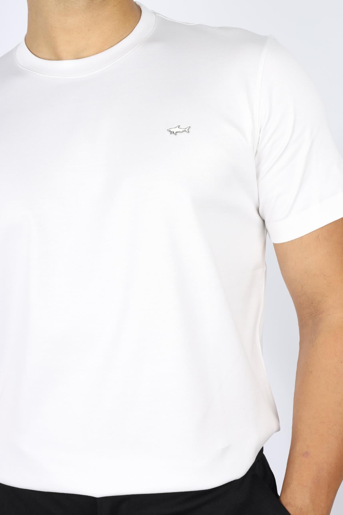 Paul Shark Paul Shark Erkek Regular Fit Yuvarlak Yakalı %100 Pamuklu Shark Logolu Kısa Kollu Beyaz T-Shirt 15311610-46A