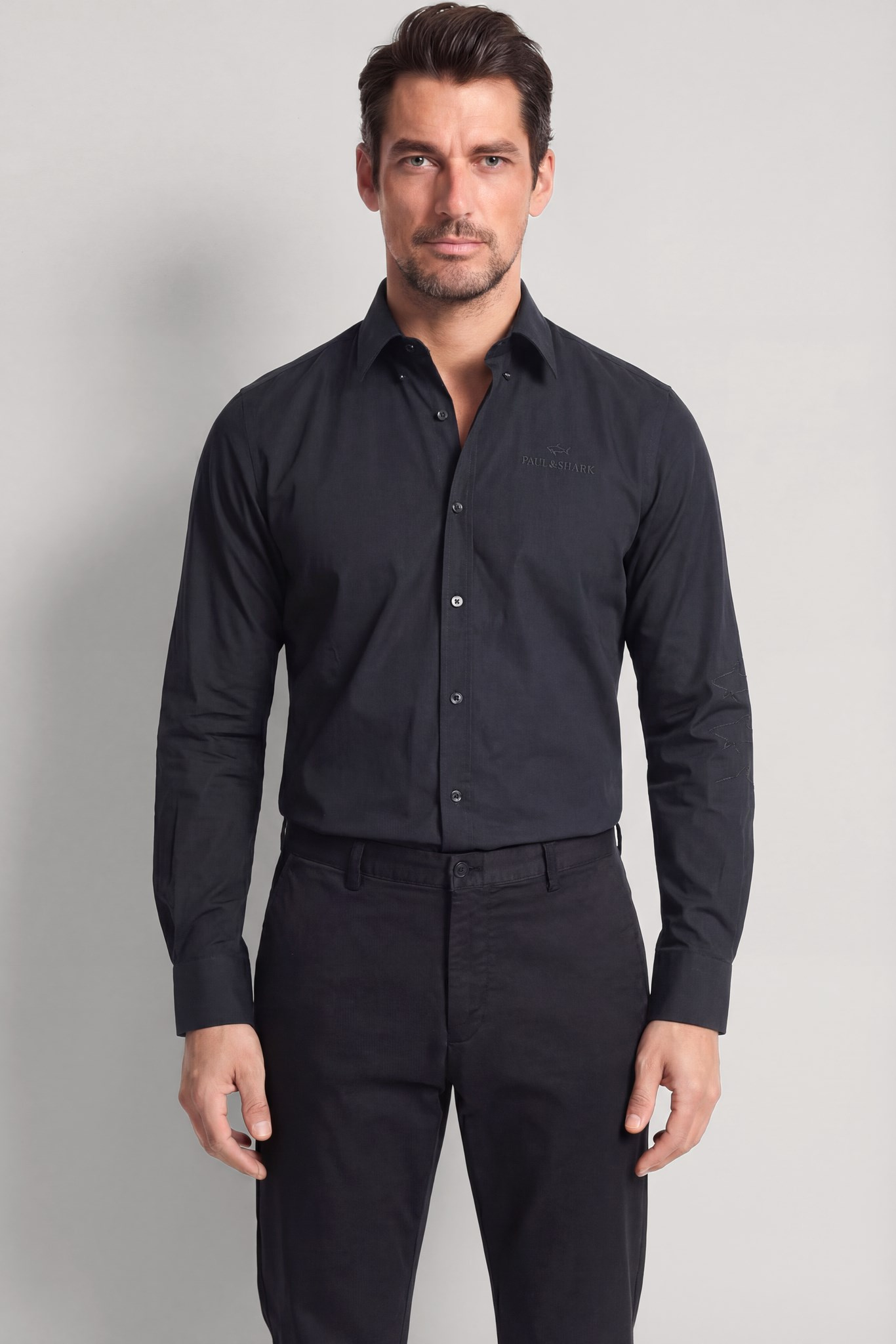 Paul Shark Paul Shark Erkek Slim Fit Logo İşleme Detaylı Pamuklu Uzun Kollu Siyah Gömlek 26413800-011
