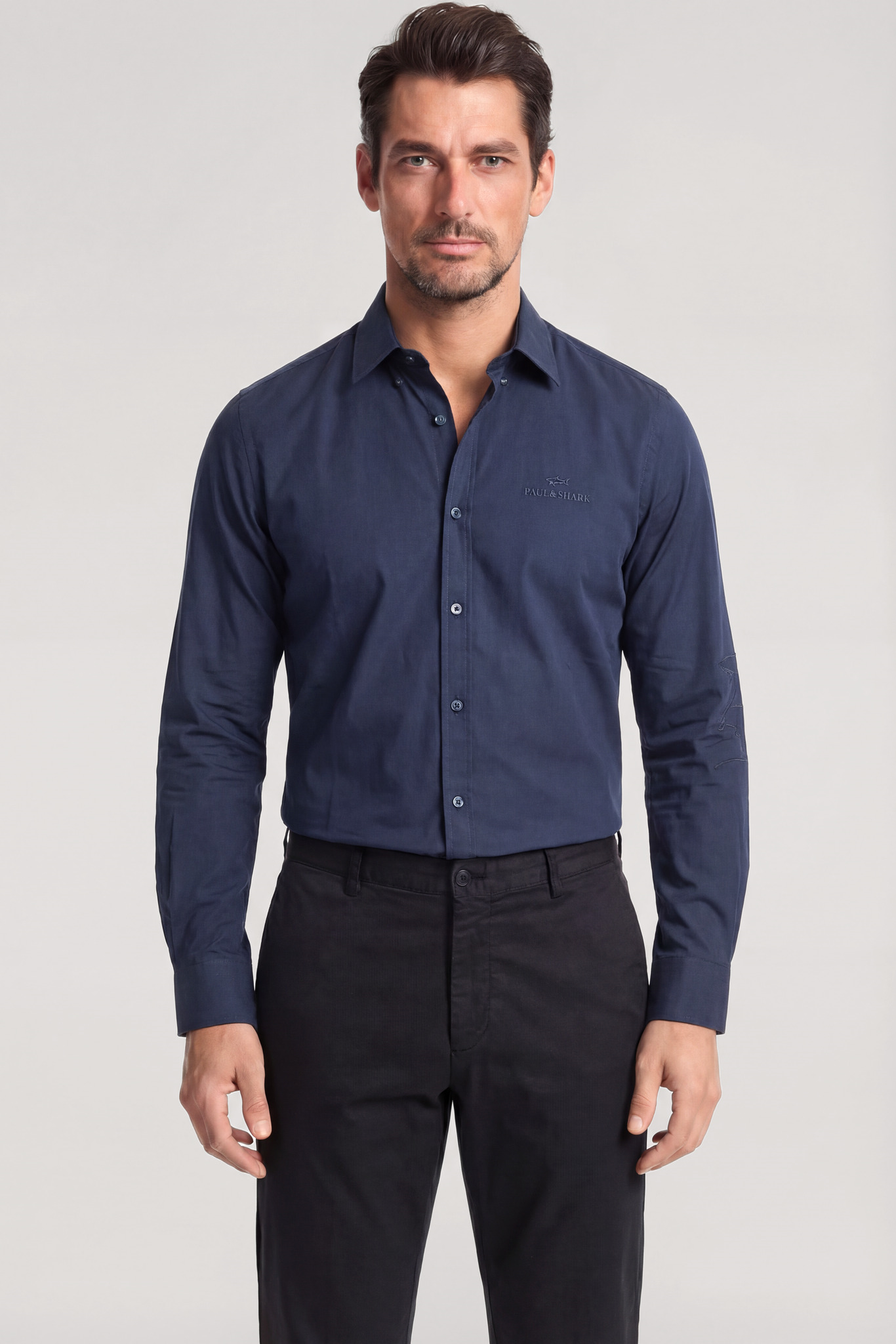 Paul Shark Paul Shark Erkek Slim Fit Logo İşleme Detaylı Pamuklu Uzun Kollu Lacivert Gömlek 26413800-013
