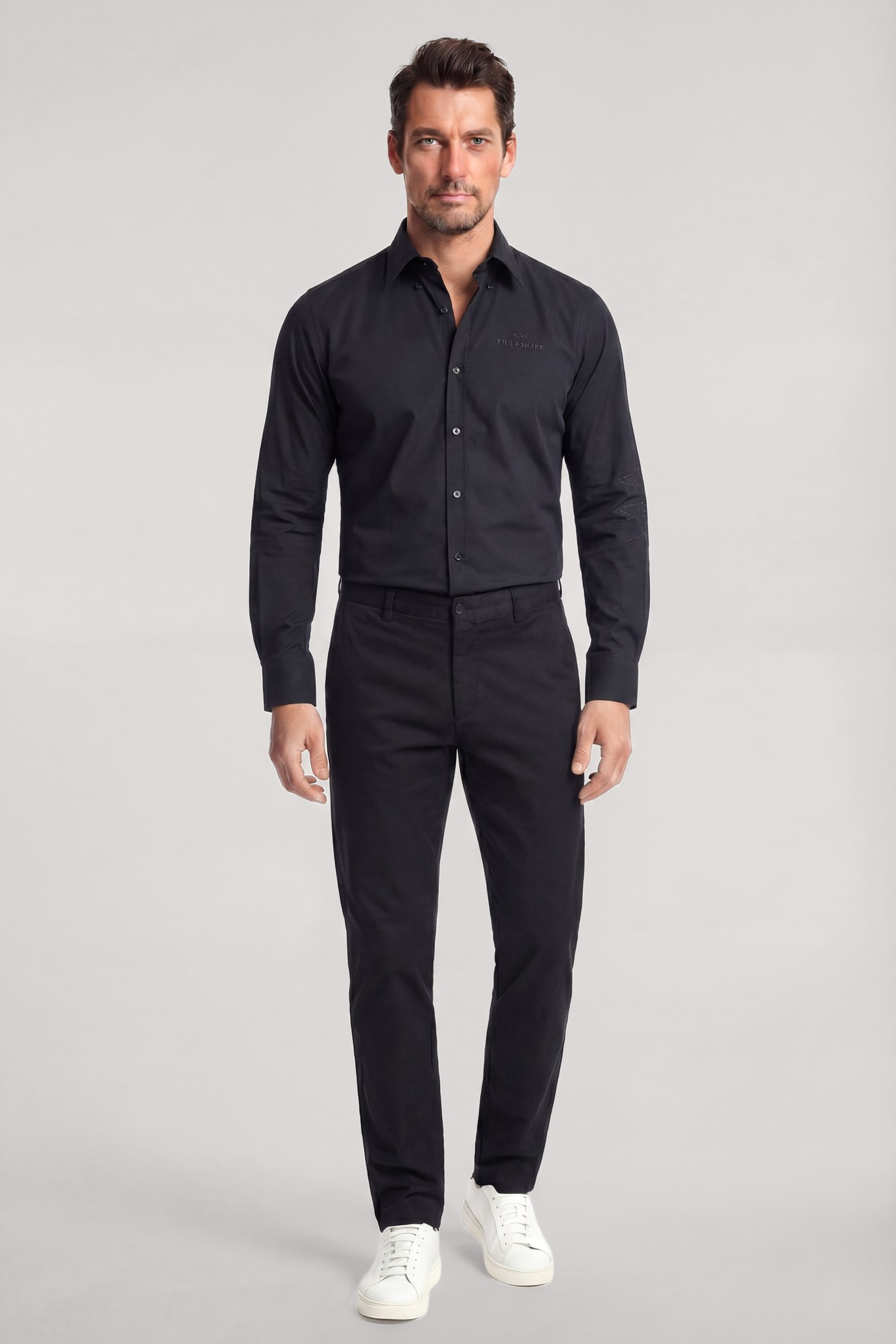 Paul Shark Paul Shark Erkek Slim Fit Logo İşleme Detaylı Pamuklu Uzun Kollu Siyah Gömlek 26413800-011