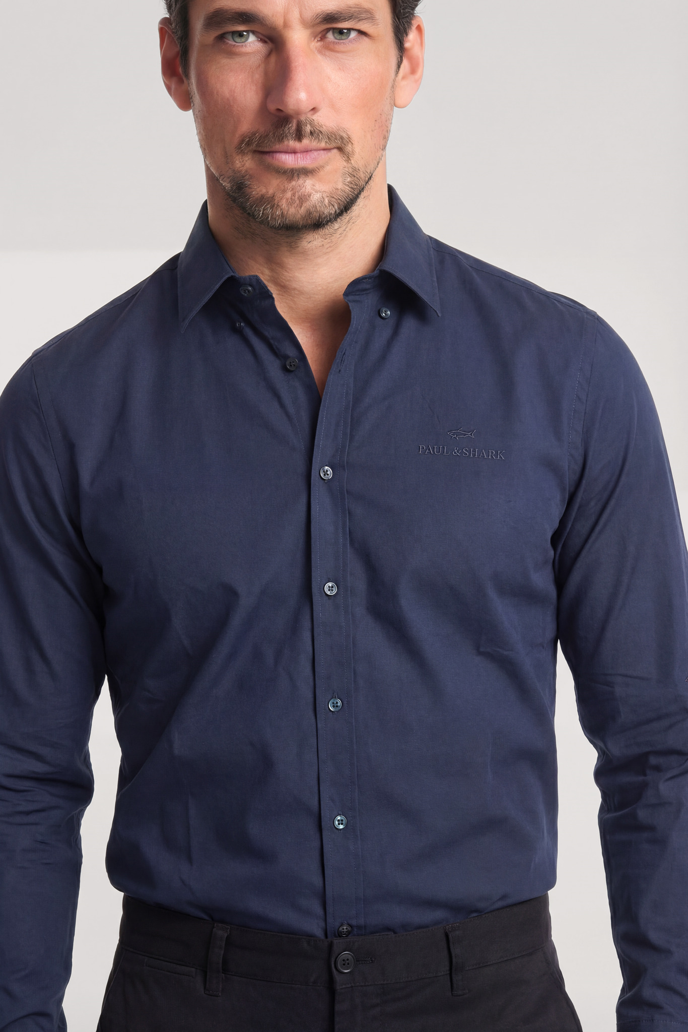 Paul Shark Paul Shark Erkek Slim Fit Logo İşleme Detaylı Pamuklu Uzun Kollu Lacivert Gömlek 26413800-013
