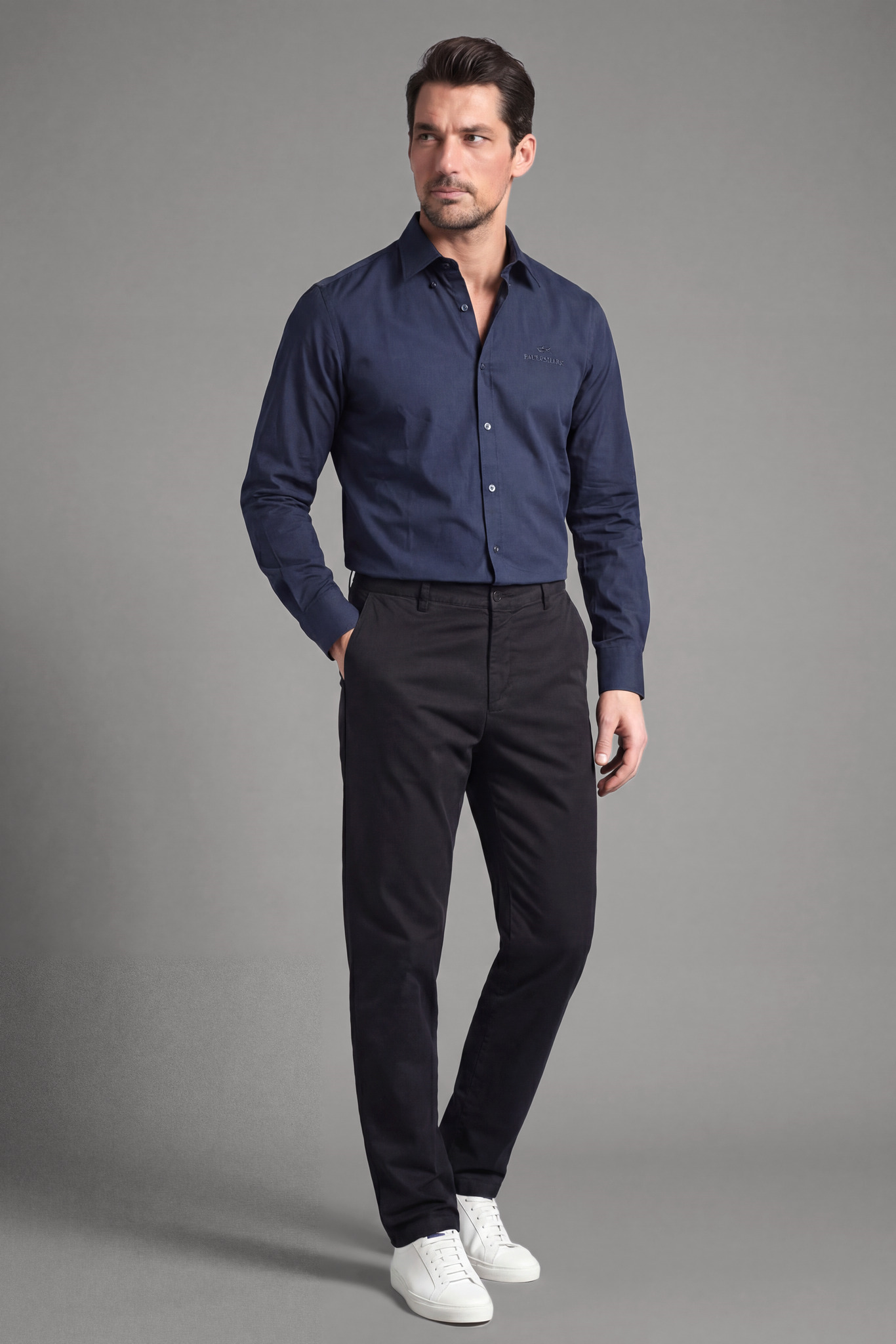 Paul Shark Paul Shark Erkek Slim Fit Logo İşleme Detaylı Pamuklu Uzun Kollu Lacivert Gömlek 26413800-013