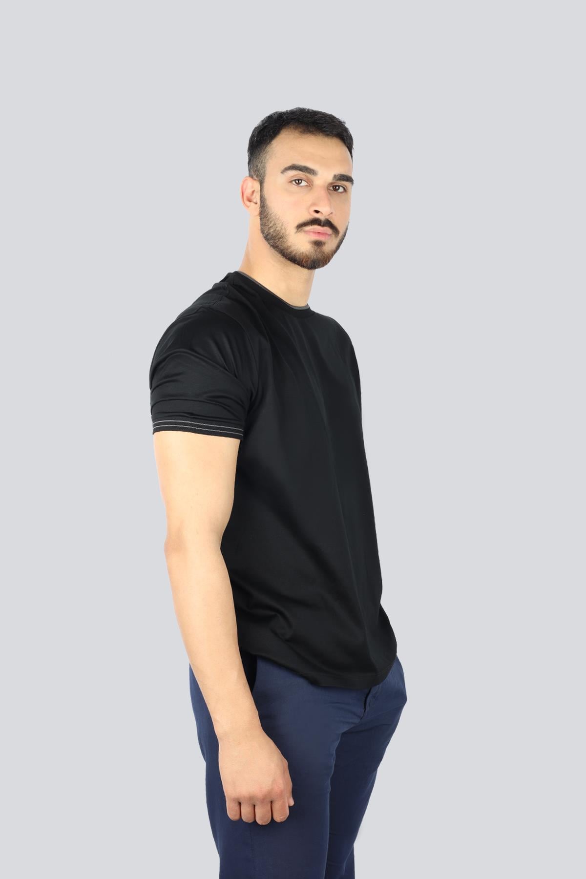 Paul Shark Paul Shark Erkek Yuvarlak Yakalı Kolu Yüzgeç Detaylı Pamuklu Siyah T-Shirt 25411017-11D
