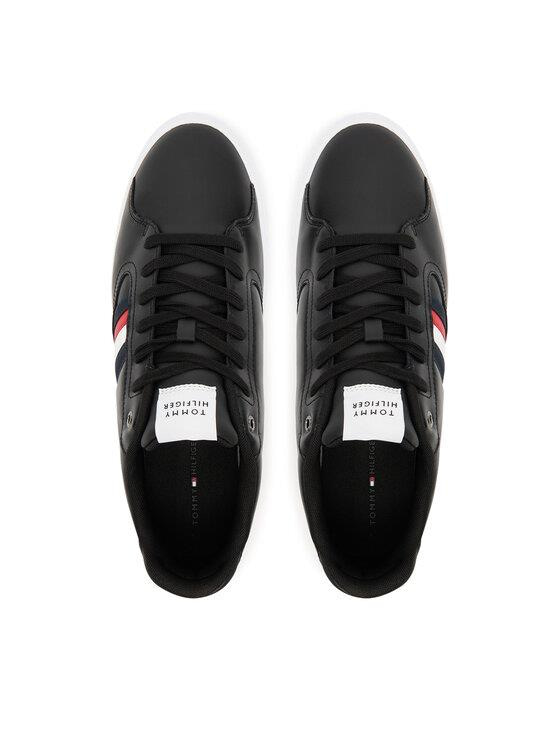 Tommy Hilfiger Tommy Hilfiger Erkek Bayrak Logolu Düz ve Rahat Taban %100 Deri Siyah Sneaker FM0FM05628-BDS