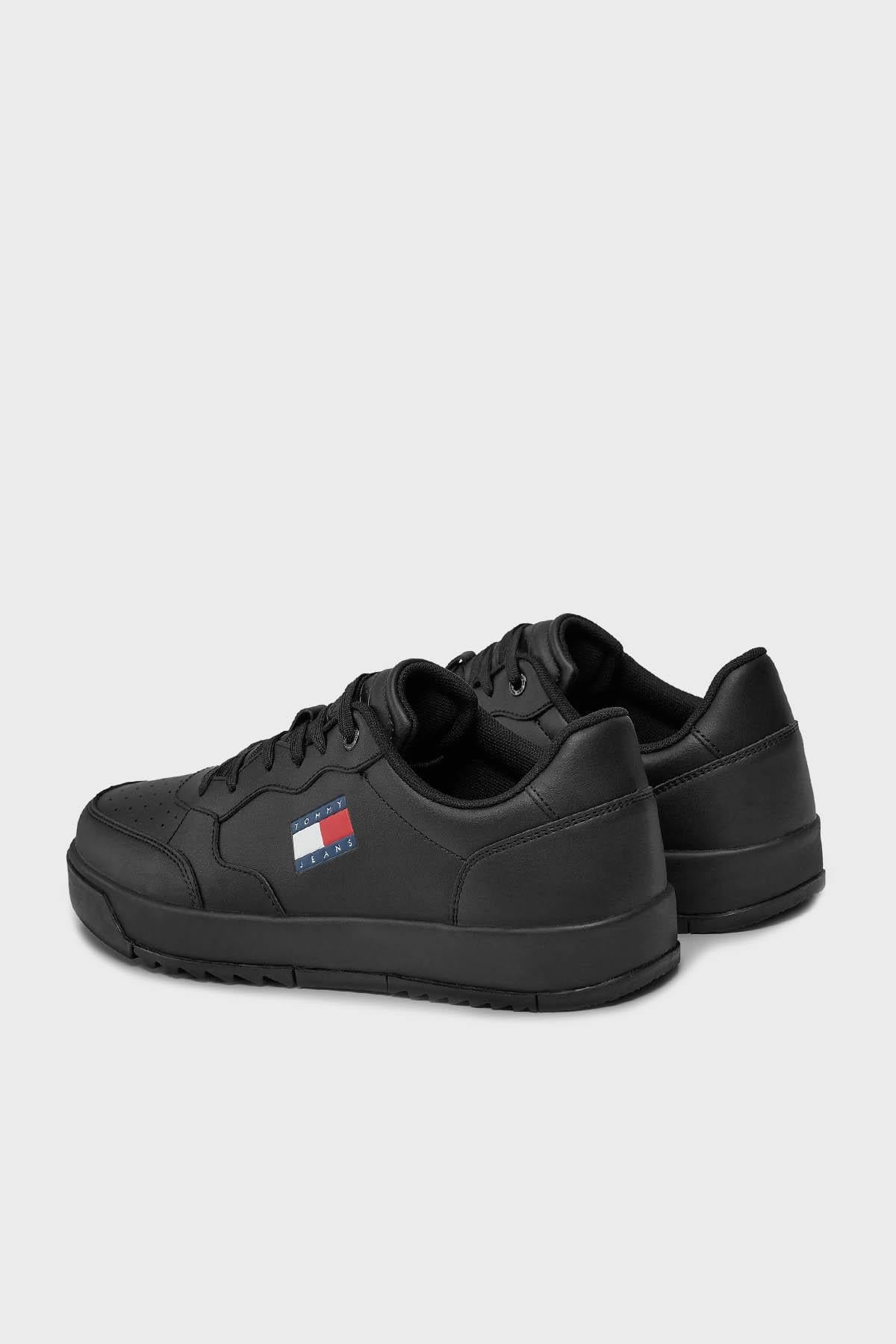 TOMMY HILFIGER Tommy Hilfiger Erkek Deri Marka Logolu Rahat Taban Normal Kalıp Siyah Sneaker EM0EM01397-BDS