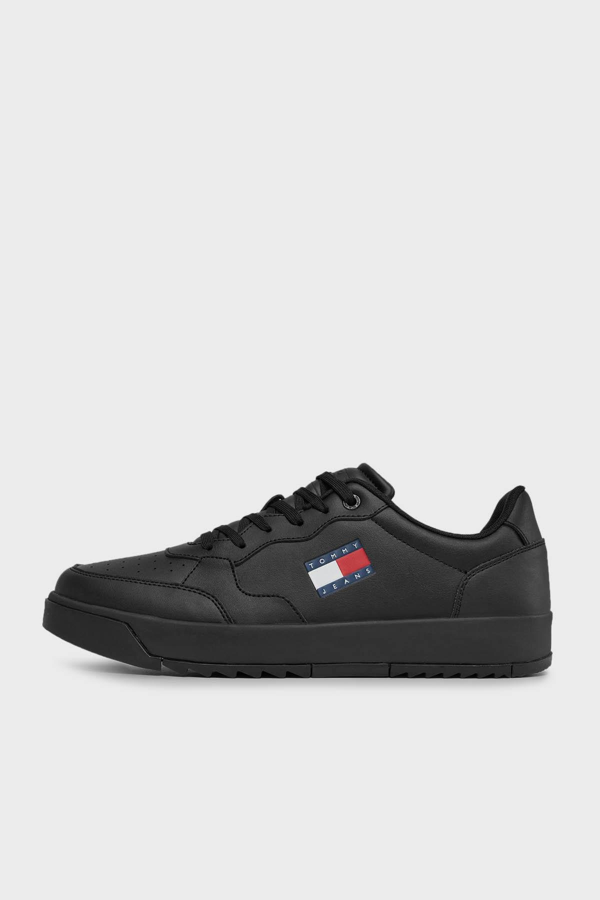 TOMMY HILFIGER Tommy Hilfiger Erkek Deri Marka Logolu Rahat Taban Normal Kalıp Siyah Sneaker EM0EM01397-BDS