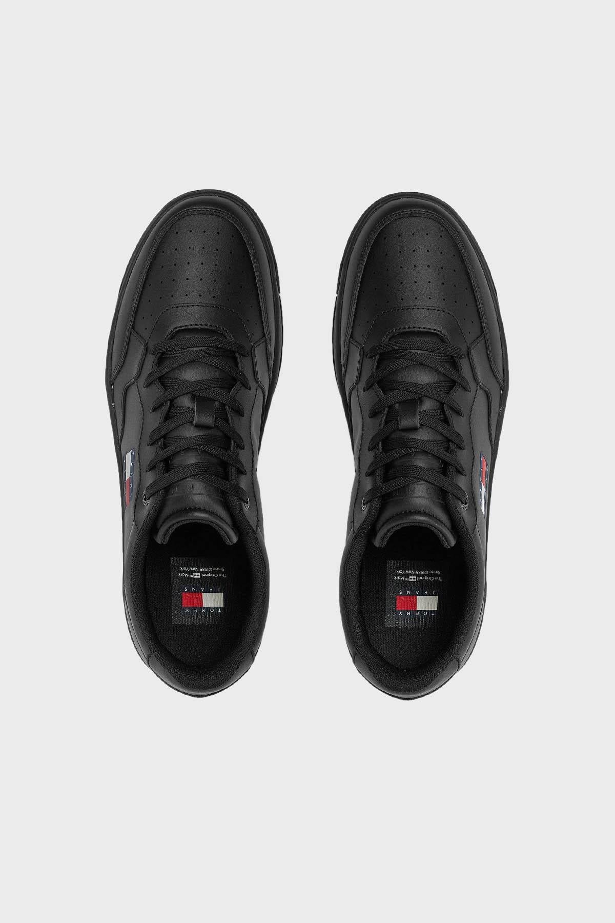 TOMMY HILFIGER Tommy Hilfiger Erkek Deri Marka Logolu Rahat Taban Normal Kalıp Siyah Sneaker EM0EM01397-BDS