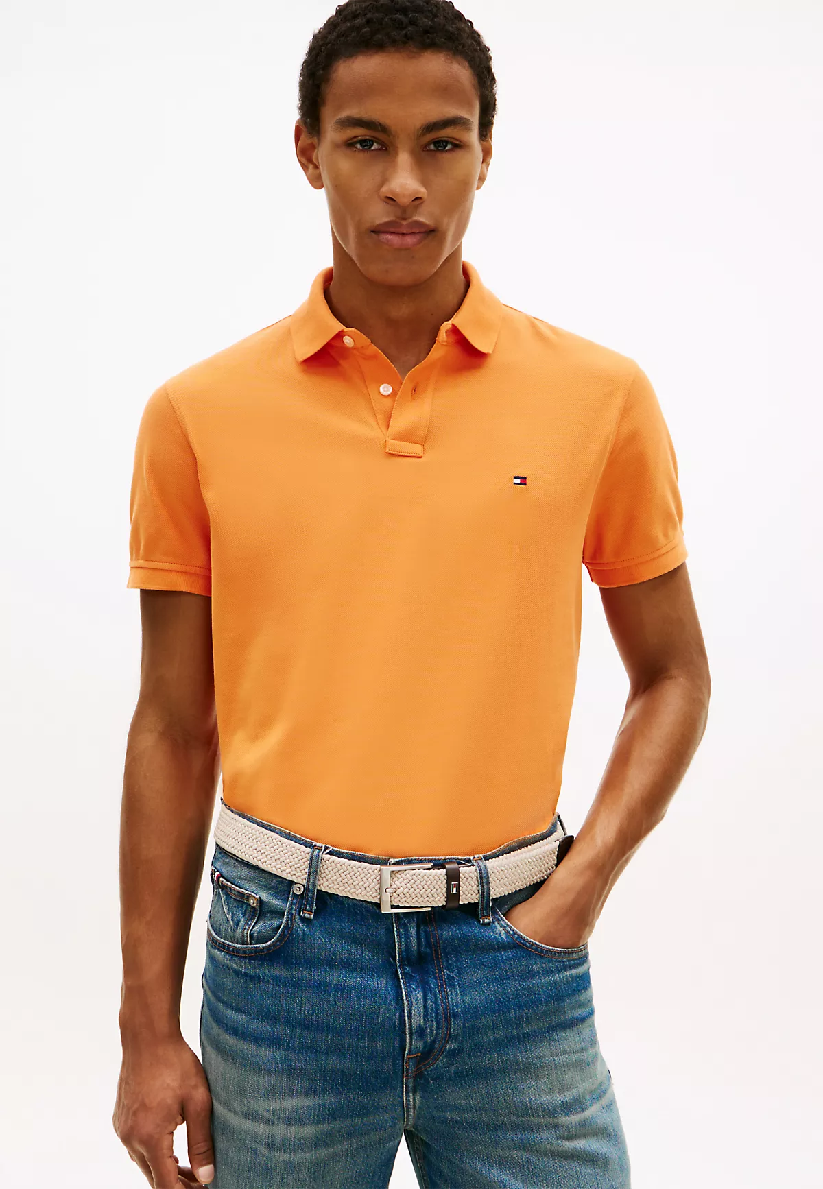 Tommy Hilfiger Tommy Hilfiger Erkek Dokuma Polo Yaka Kısa Kol Günlük Turuncu T-Shirt MW0MW17770-SD9