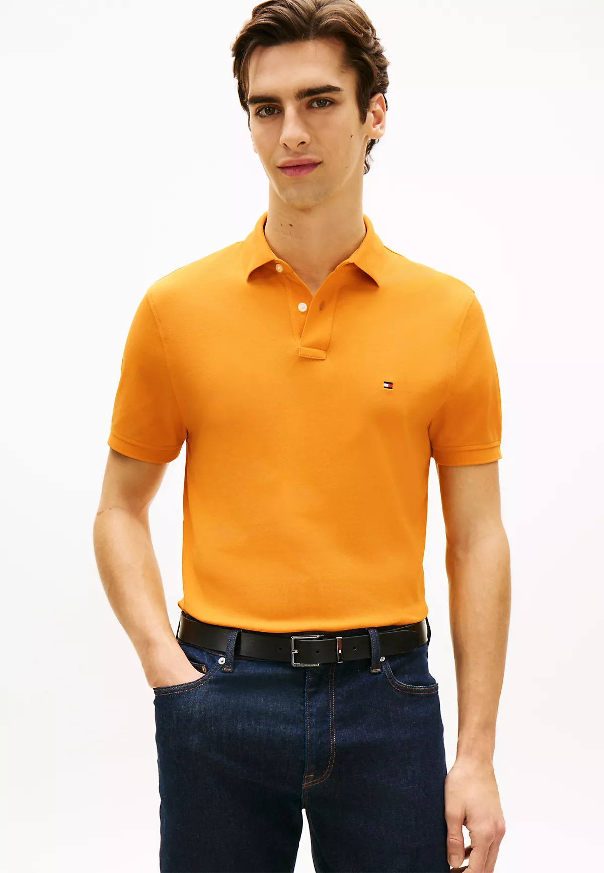 Tommy Hilfiger Tommy Hilfiger Erkek Dokuma Polo Yaka Kısa Kol Günlük Turuncu T-Shirt MW0MW17770-SGV