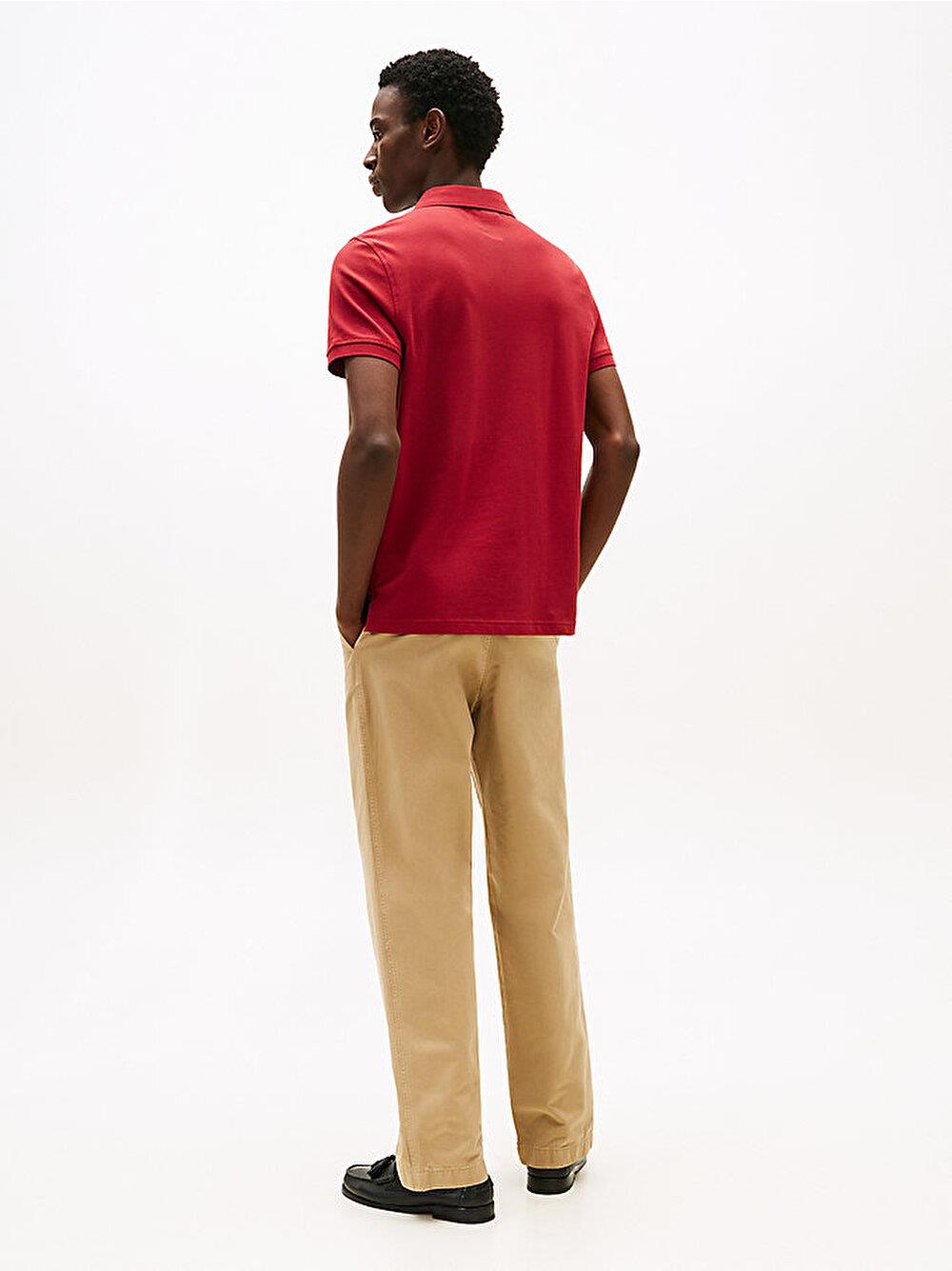 TOMMY HILFIGER Tommy Hilfiger Erkek Dokuma Polo Yaka Kısa Kol Günlük Kırmızı Polo Yaka T-Shirt MW0MW17770-XIT
