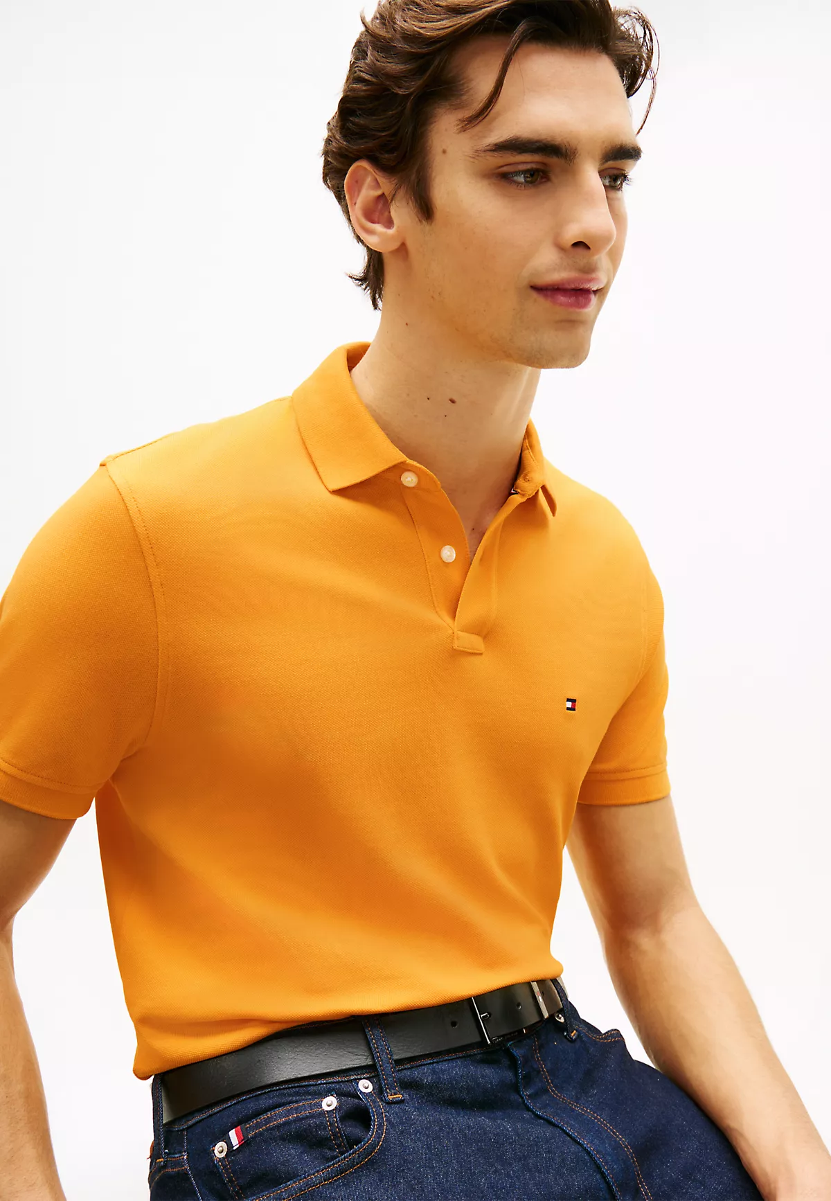 Tommy Hilfiger Tommy Hilfiger Erkek Dokuma Polo Yaka Kısa Kol Günlük Turuncu T-Shirt MW0MW17770-SGV