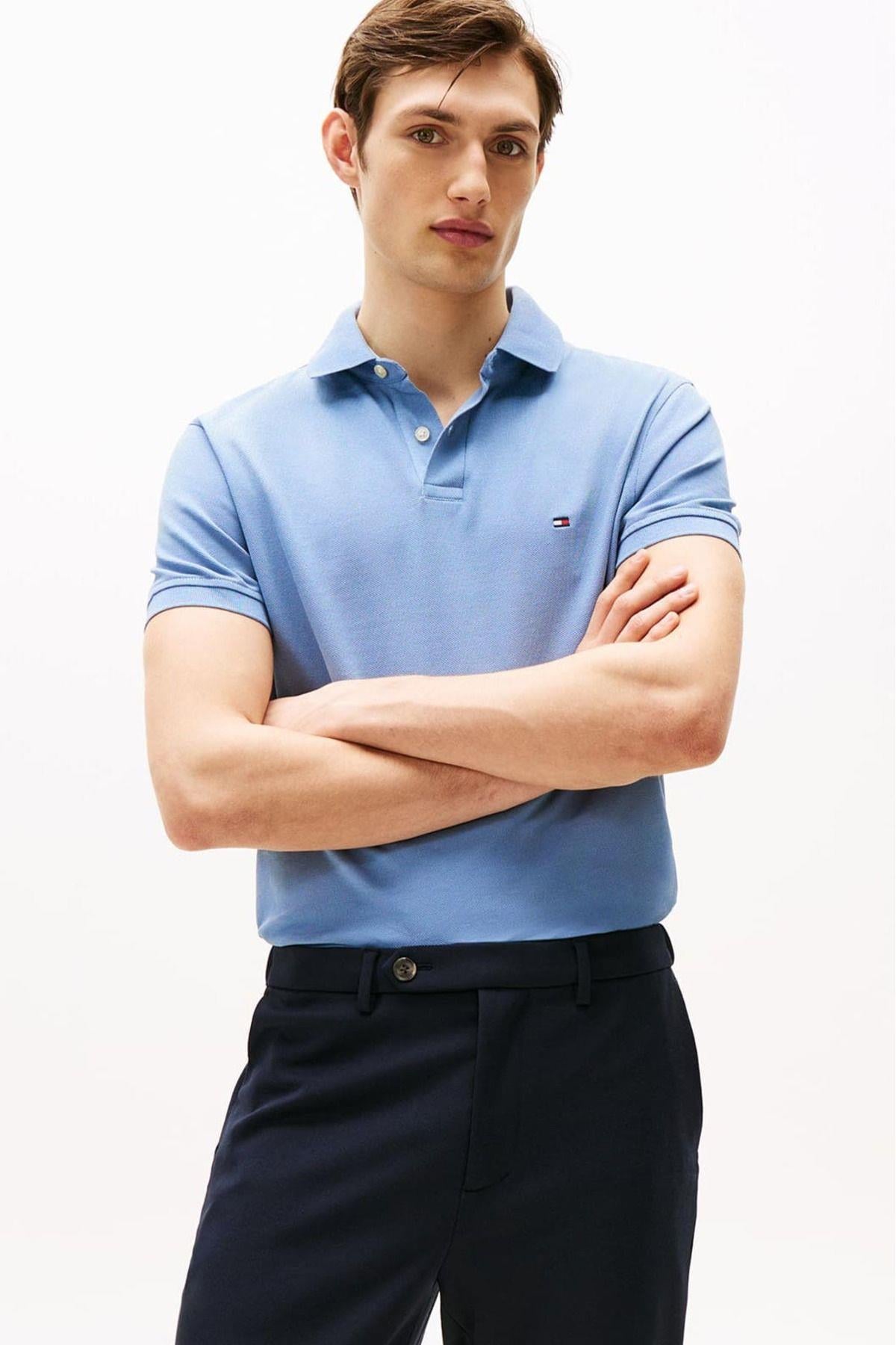 TOMMY HILFIGER Tommy Hilfiger Erkek Dokuma Polo Yaka Kısa Kol Günlük Mavi Polo Yaka T-Shirt MW0MW17770-C2B