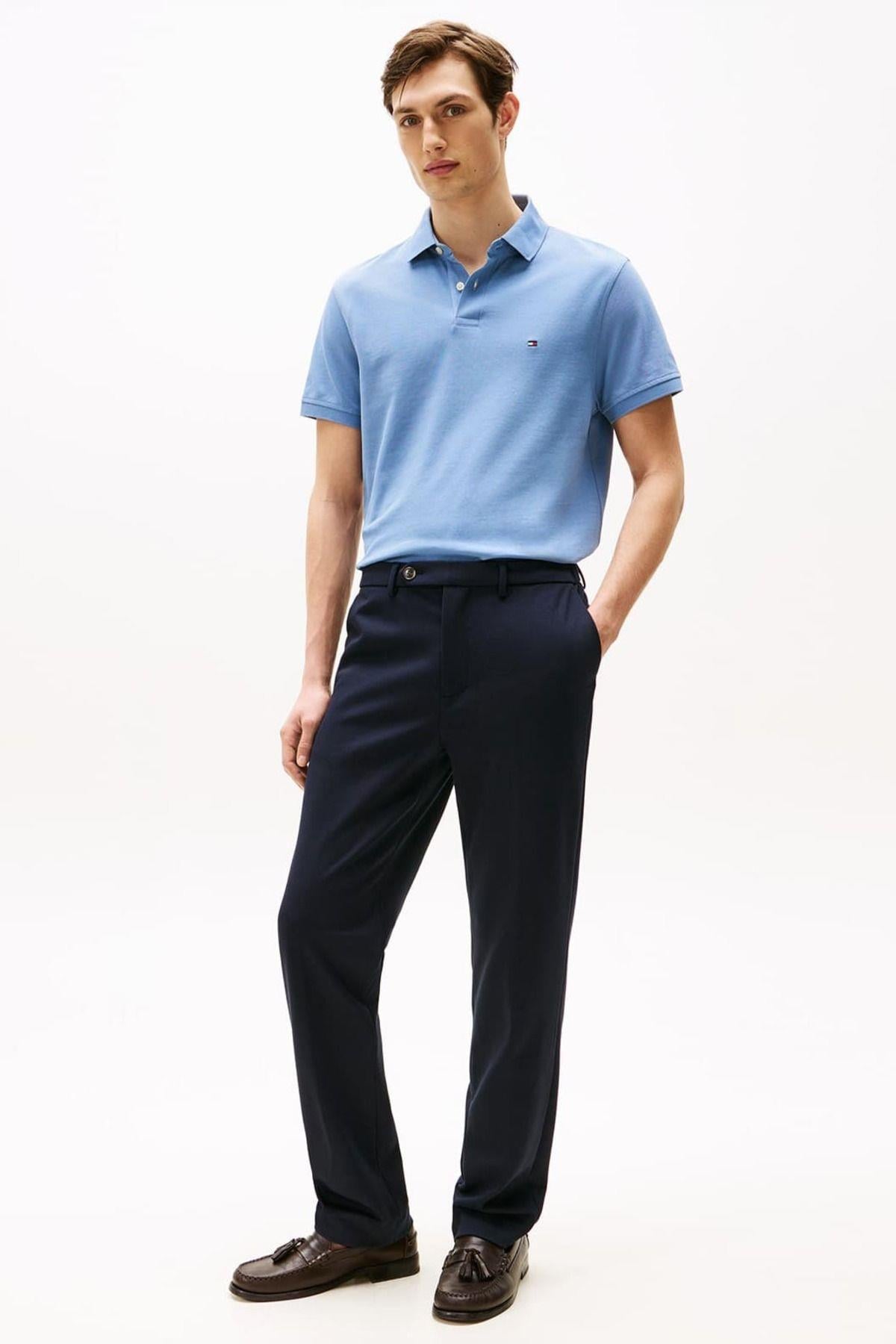 TOMMY HILFIGER Tommy Hilfiger Erkek Dokuma Polo Yaka Kısa Kol Günlük Mavi Polo Yaka T-Shirt MW0MW17770-C2B