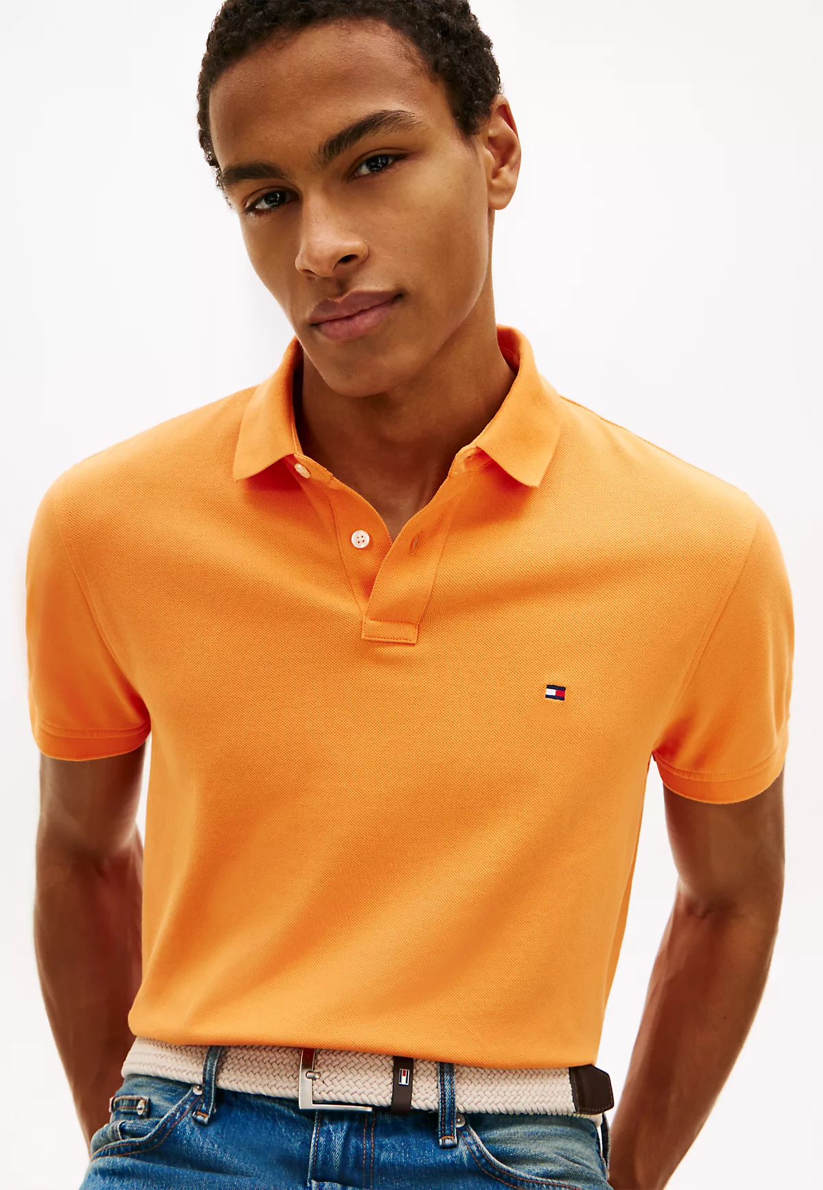 Tommy Hilfiger Tommy Hilfiger Erkek Dokuma Polo Yaka Kısa Kol Günlük Turuncu T-Shirt MW0MW17770-SD9
