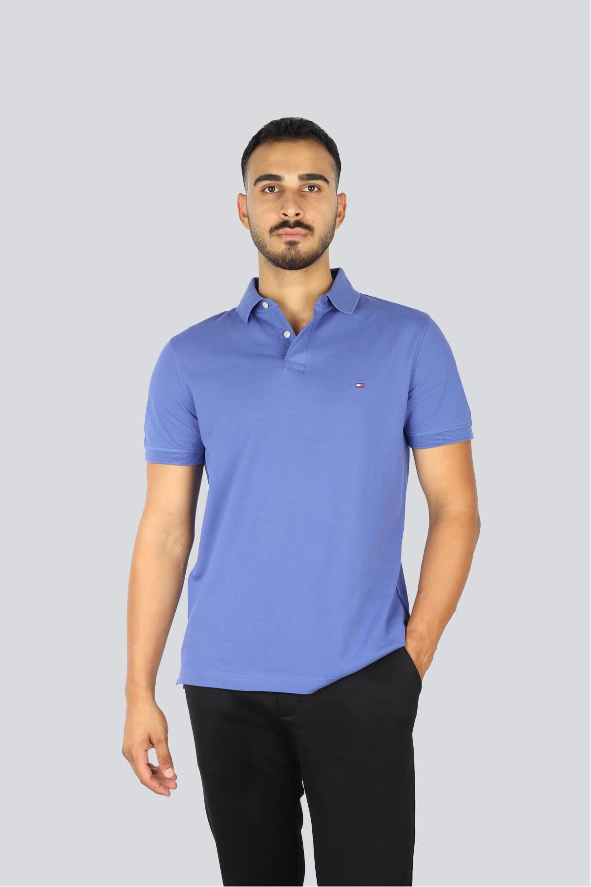 TOMMY HILFIGER Tommy Hilfiger Erkek Dokuma Polo Yaka Kısa Kol Günlük Mavi Polo Yaka T-Shirt MW0MW17770-C8K