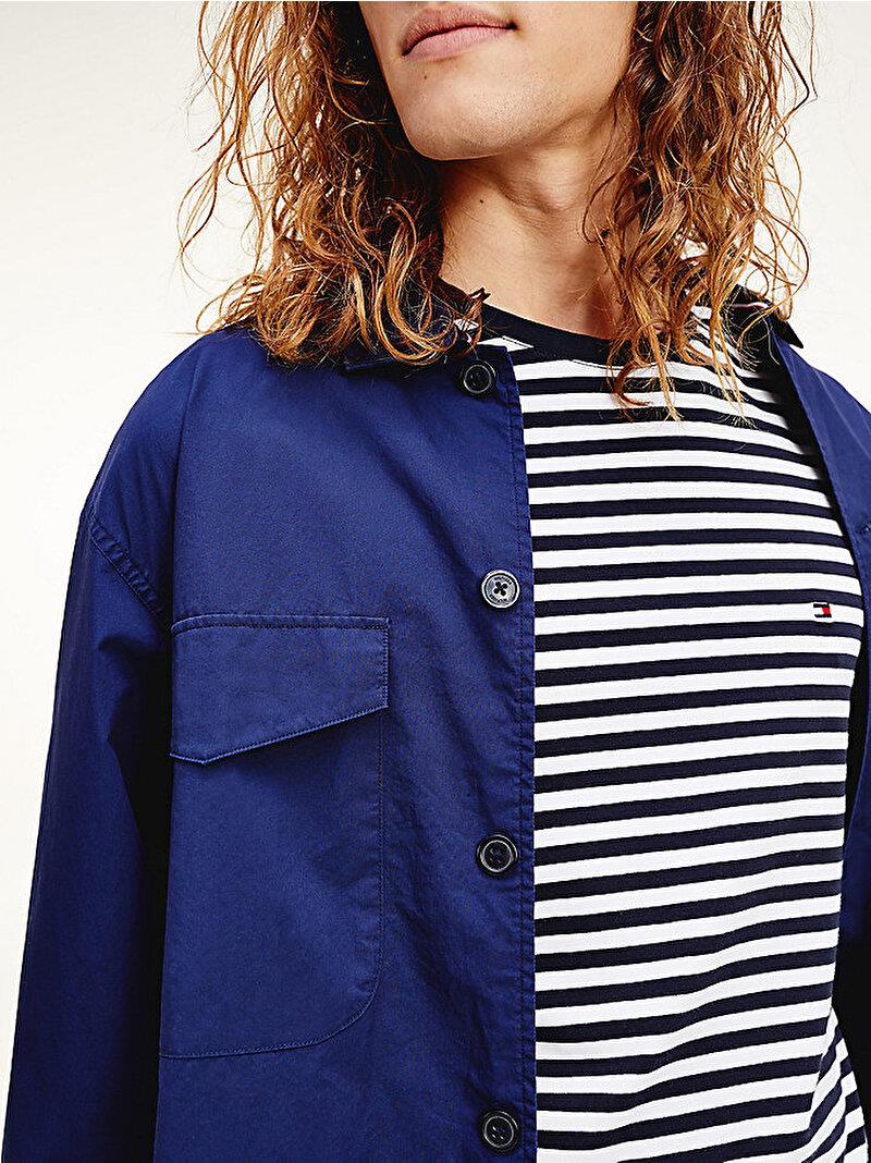 Tommy Hilfiger Tommy Hilfiger Erkek Dokuma Kumaş Kısa Kol Düz Model Mavi-Beyaz T-Shirt MW0MW10800-0A6