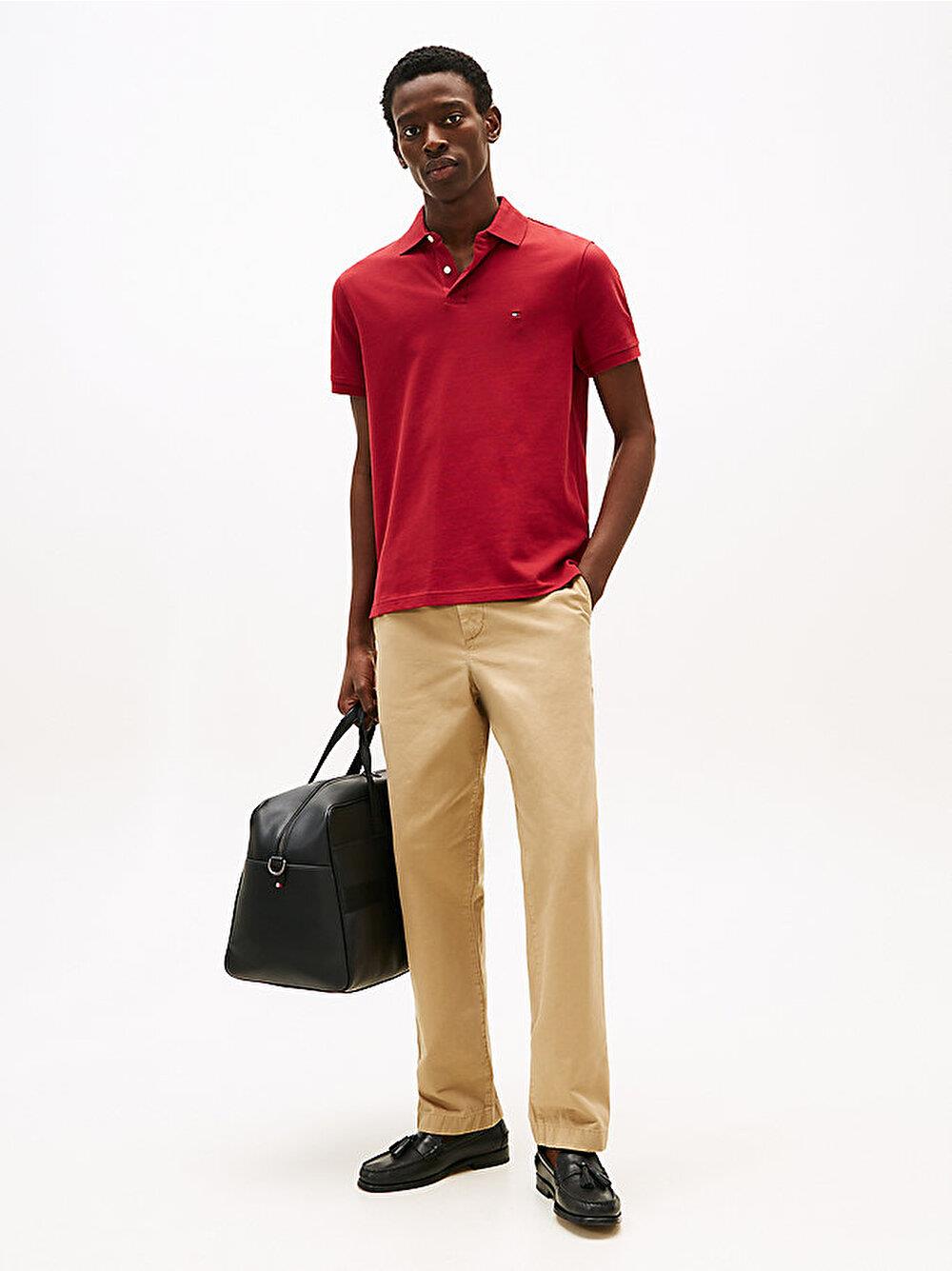 TOMMY HILFIGER Tommy Hilfiger Erkek Dokuma Polo Yaka Kısa Kol Günlük Kırmızı Polo Yaka T-Shirt MW0MW17770-XIT