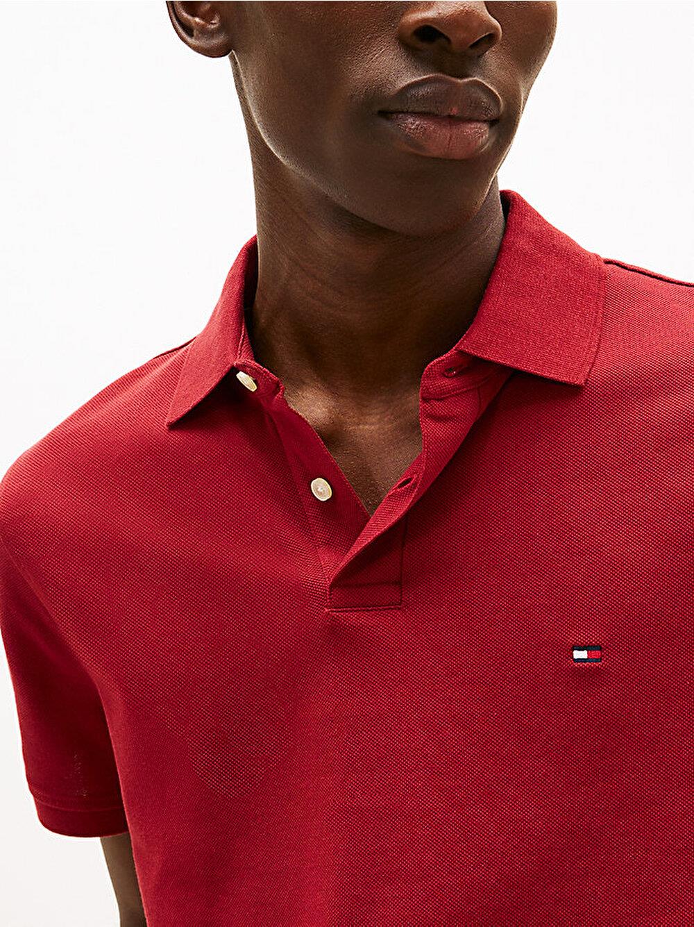 TOMMY HILFIGER Tommy Hilfiger Erkek Dokuma Polo Yaka Kısa Kol Günlük Kırmızı Polo Yaka T-Shirt MW0MW17770-XIT