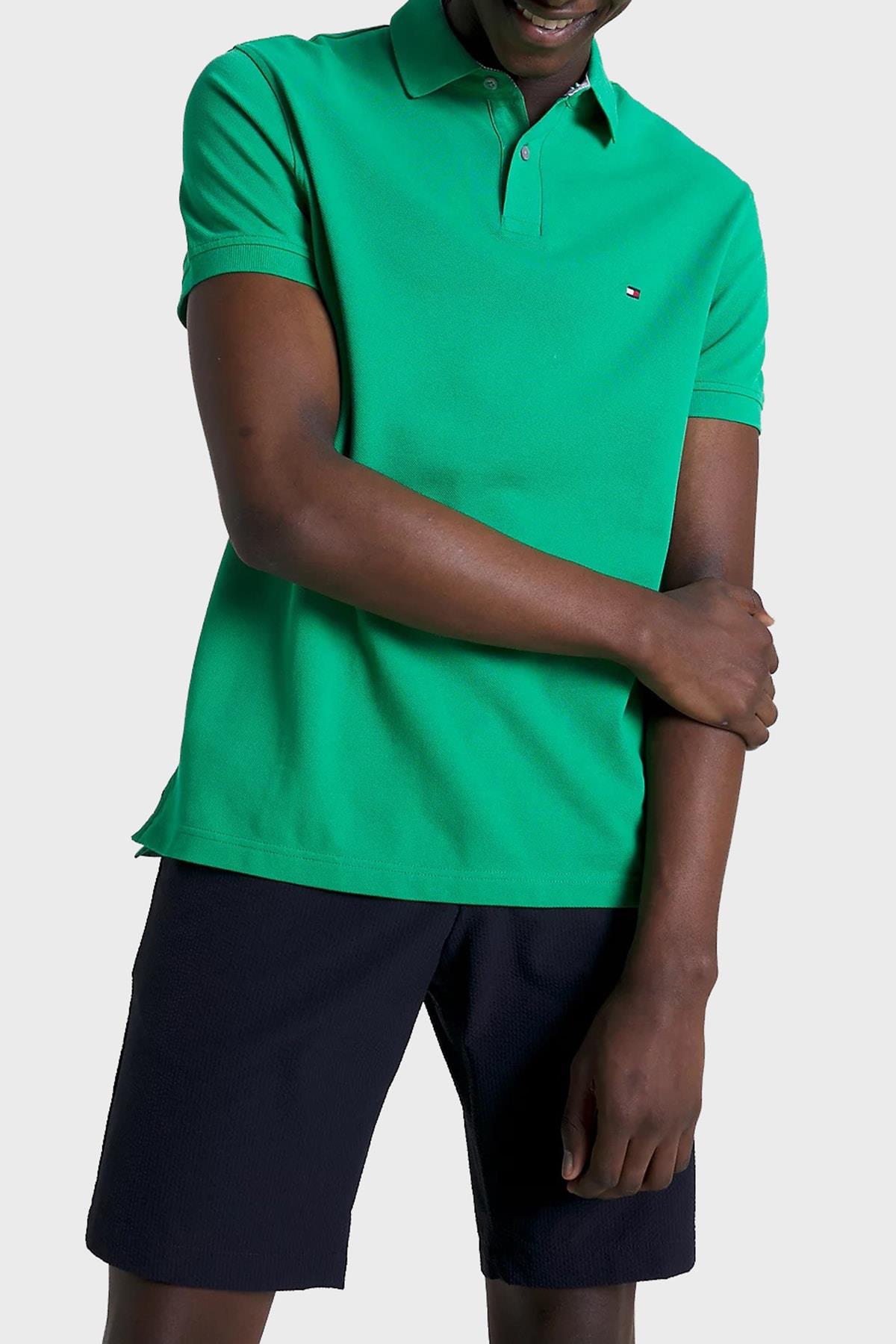 Tommy Hilfiger Tommy Hilfiger Erkek Dokuma Polo Yaka Kısa Kol Günlük Yeşil Polo Yaka T-Shirt MW0MW17770-L14