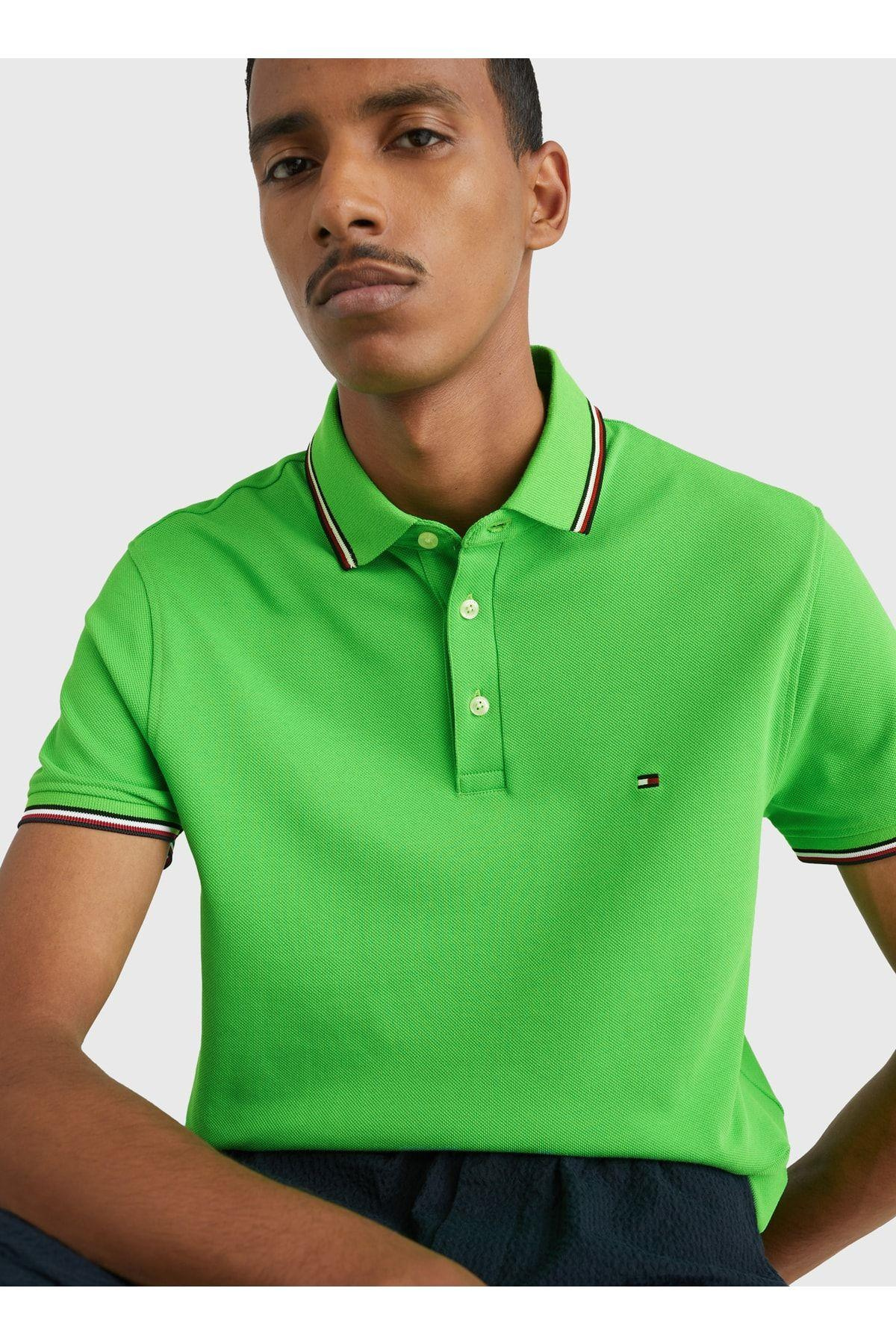 Tommy Hilfiger Tommy Hilfiger Erkek Dokuma Polo Yaka Kısa Kol Günlük Yeşil Polo Yaka T-Shirt MW0MW30750-LWY