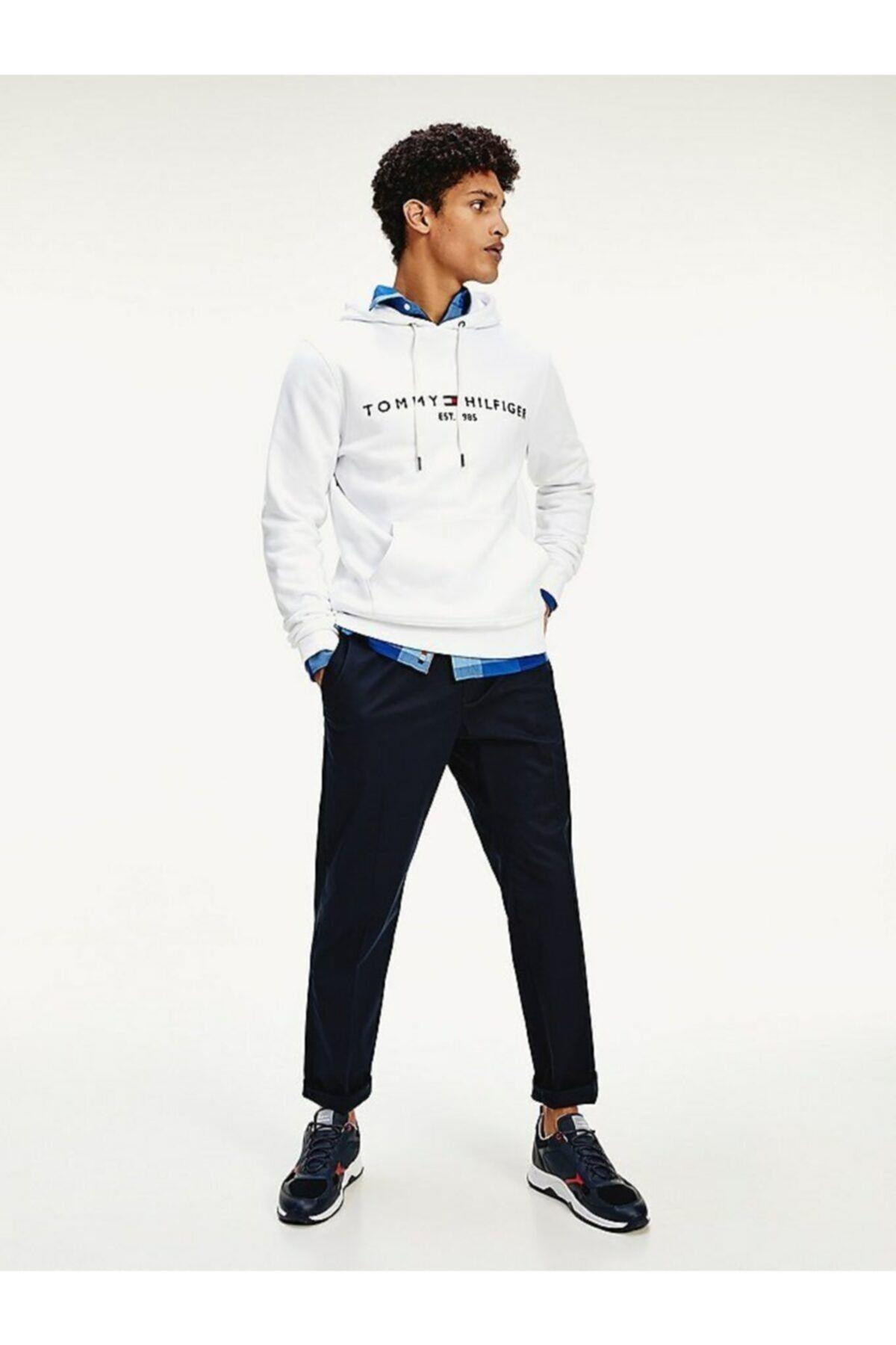 Tommy Hilfiger Tommy Hilfiger Erkek Logolu Kapüşonlu Uzun Kollu Günlük Kullanım Beyaz Sweatshirt MW0MW11599-YBR