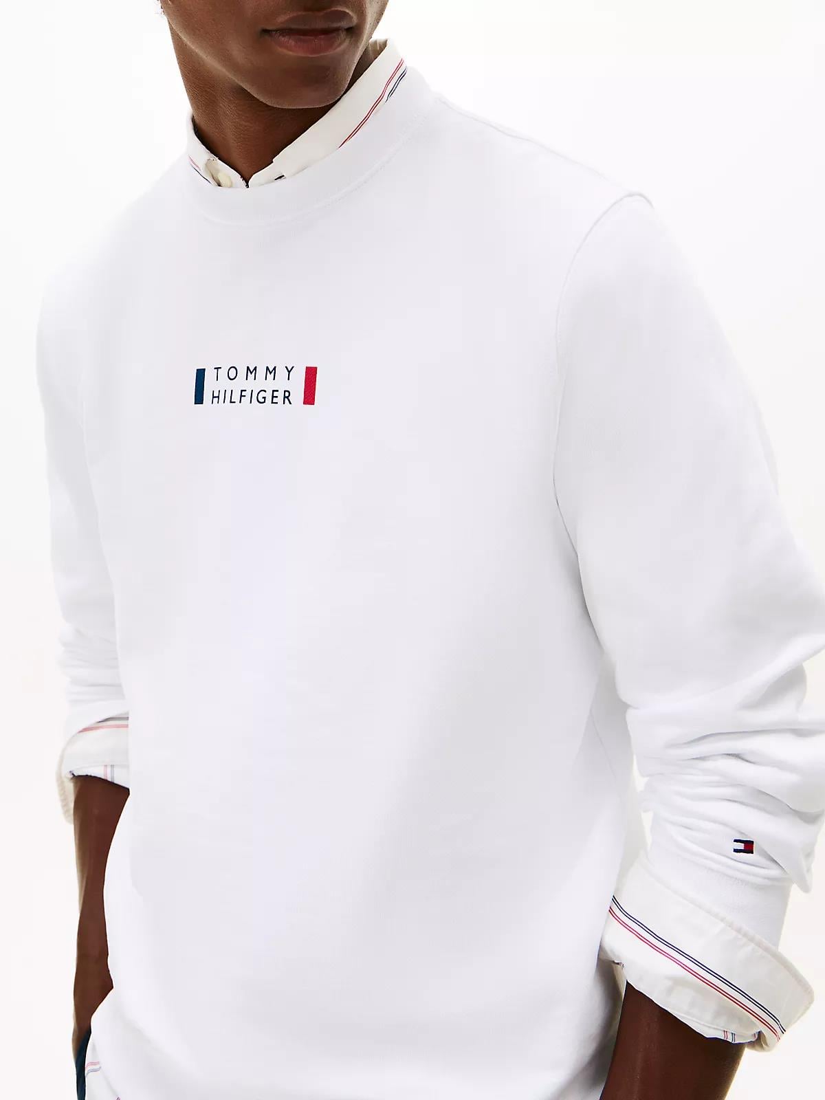 Tommy Hilfiger Tommy Hilfiger Erkek Normal Kalıp Logo Desenli Yuvarlak Yakalı Uzun Kollu Beyaz Sweatshirt MW0MW41428-YBR