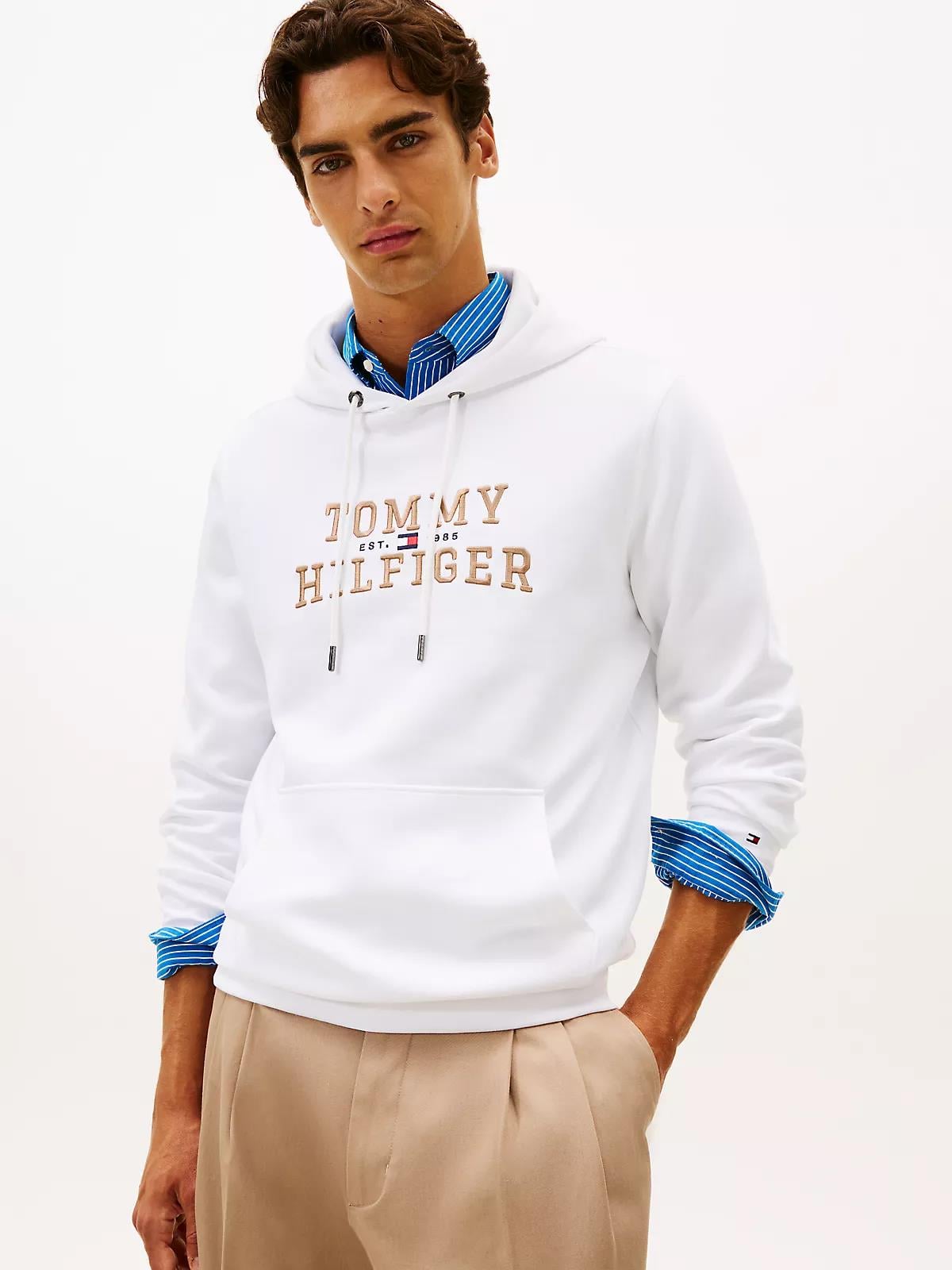 Tommy Hilfiger Tommy Hilfiger Erkek Normal Kalıp Kapüşonlu Logo Kabartmalı Uzun Kollu Beyaz Sweatshirt MW0MW42528-YBR