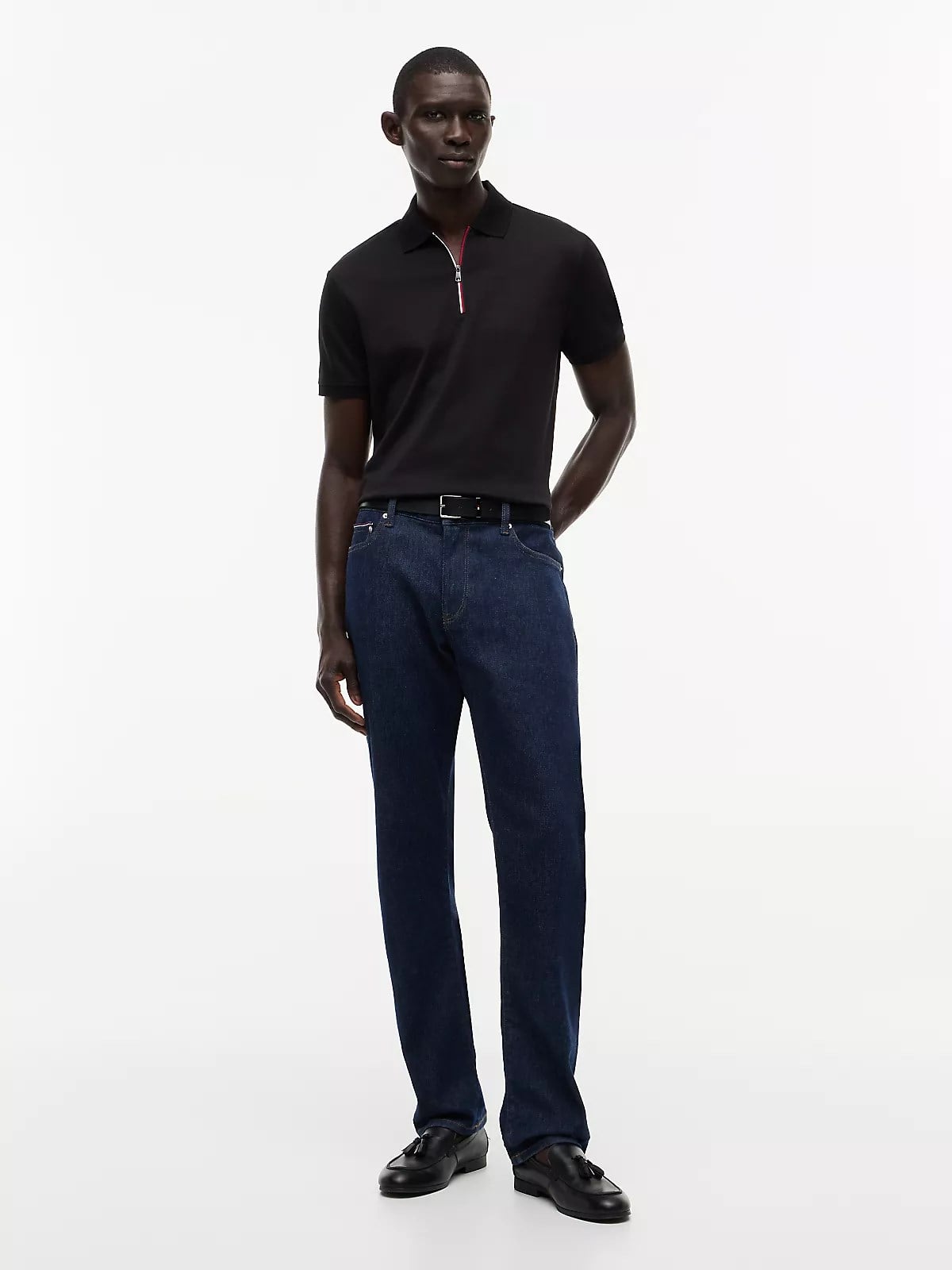 Tommy Hilfiger Tommy Hilfiger Erkek Normal Kalıp Kolu Bayrak Logolu Pamuklu Yarım Fermuarlı Kısa Kollu Siyah Polo Yaka T-Shirt MW0MW43269-BDS