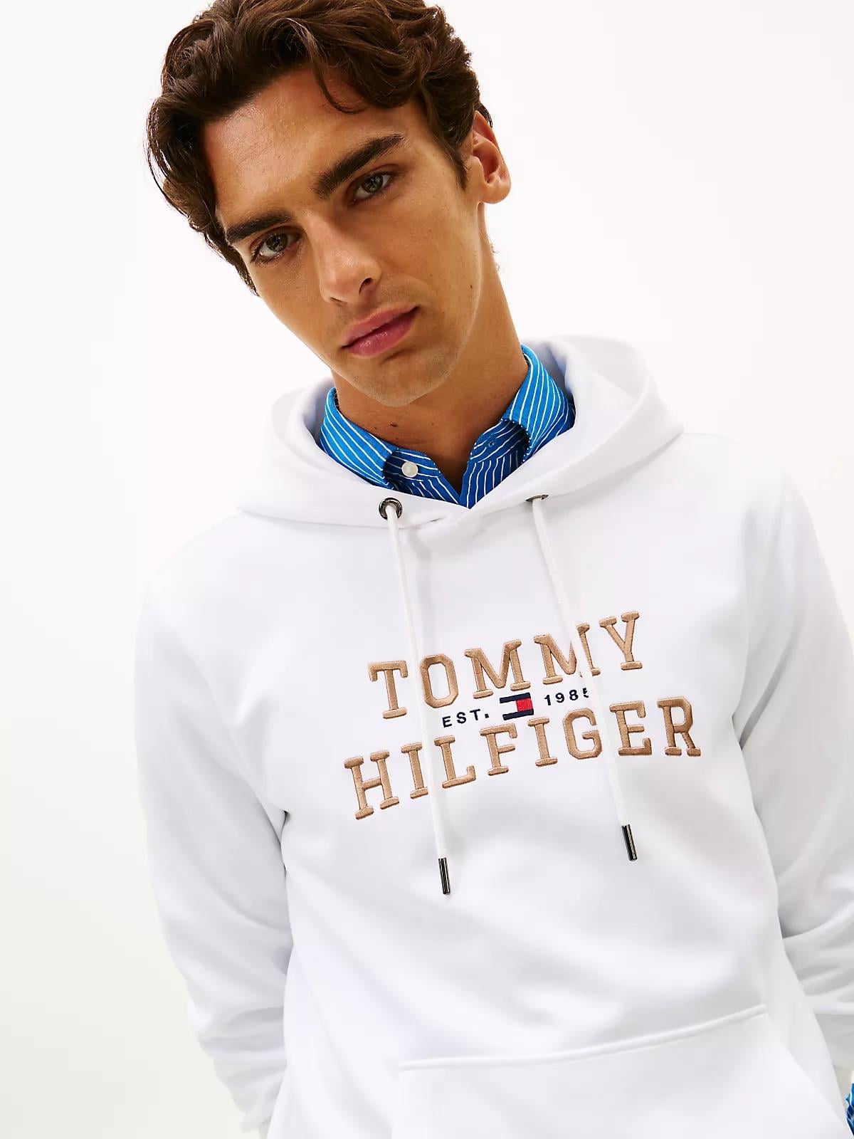 Tommy Hilfiger Tommy Hilfiger Erkek Normal Kalıp Kapüşonlu Logo Kabartmalı Uzun Kollu Beyaz Sweatshirt MW0MW42528-YBR