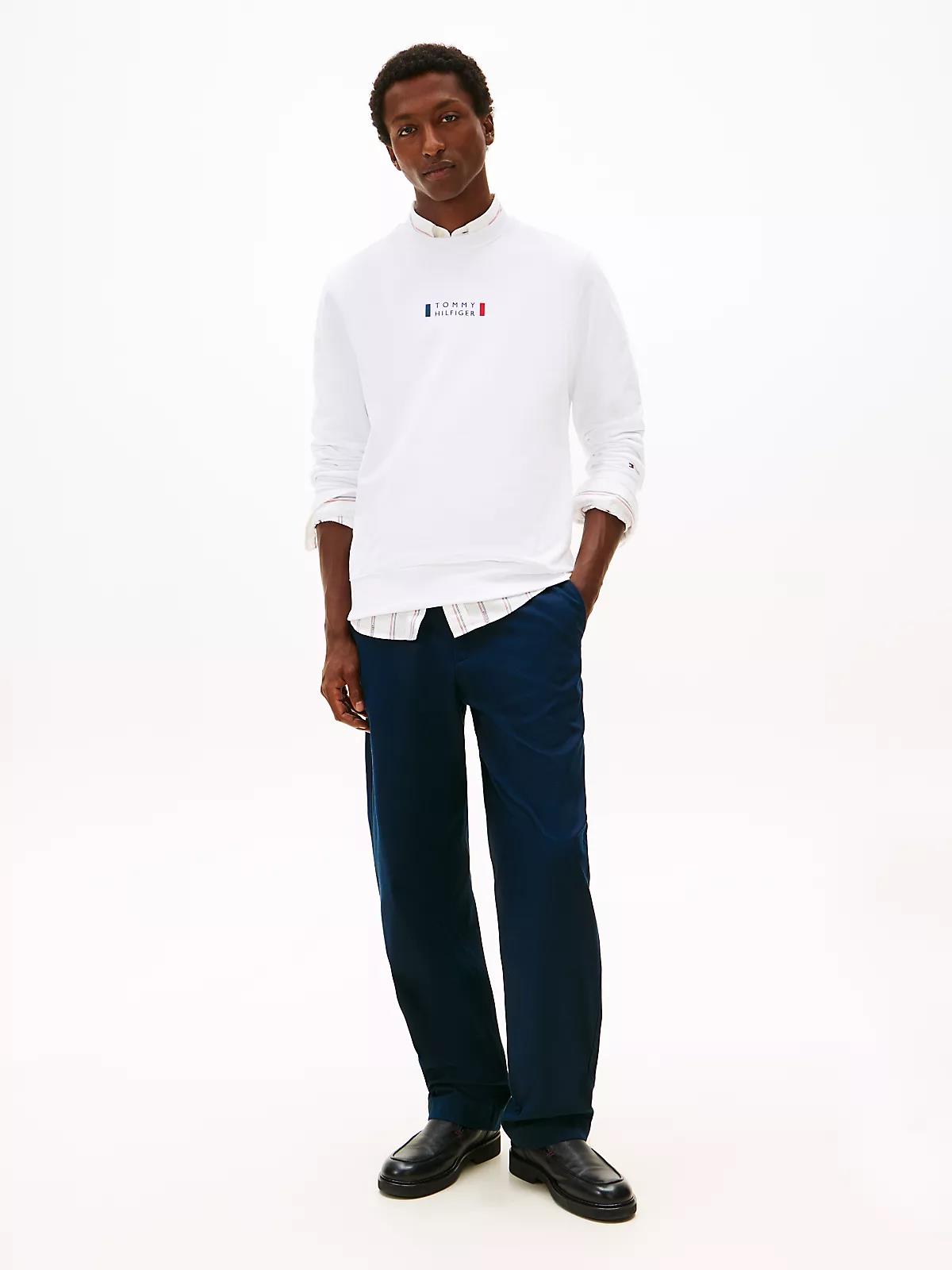 Tommy Hilfiger Tommy Hilfiger Erkek Normal Kalıp Logo Desenli Yuvarlak Yakalı Uzun Kollu Beyaz Sweatshirt MW0MW41428-YBR