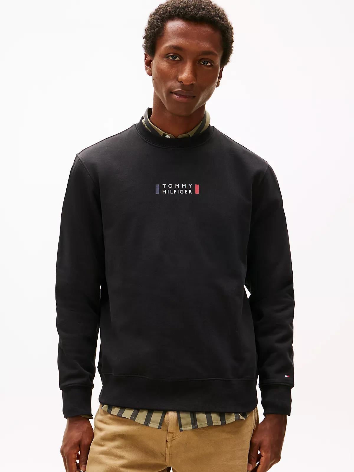 Tommy Hilfiger Tommy Hilfiger Erkek Normal Kalıp Logo Desenli Yuvarlak Yakalı Uzun Kollu Siyah Sweatshirt MW0MW41428-BDS