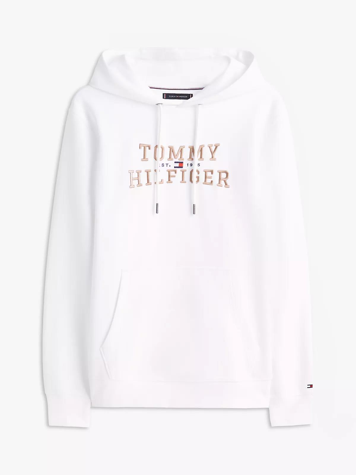 Tommy Hilfiger Tommy Hilfiger Erkek Normal Kalıp Kapüşonlu Logo Kabartmalı Uzun Kollu Beyaz Sweatshirt MW0MW42528-YBR
