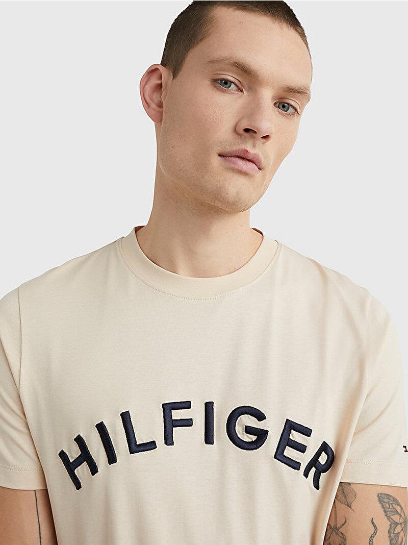 Tommy Hilfiger Tommy Hilfiger Erkek Pamuklu Yuvarlak Yaka Marka Logolu Bej T-Shirt MW0MW30055-AF6