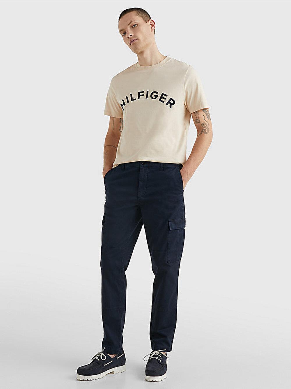 Tommy Hilfiger Tommy Hilfiger Erkek Pamuklu Yuvarlak Yaka Marka Logolu Bej T-Shirt MW0MW30055-AF6