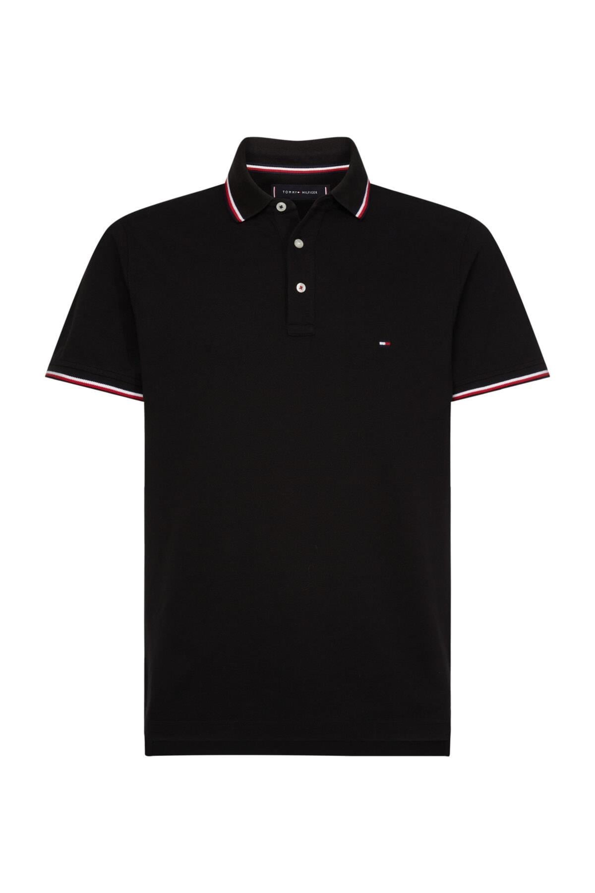 Tommy Hilfiger Tommy Hilfiger Erkek Pamuklu Polo Yakalı Düğme Kapamalı Kısa Kollu Siyah Polo Yaka T-Shirt MW0MW13080-BDS