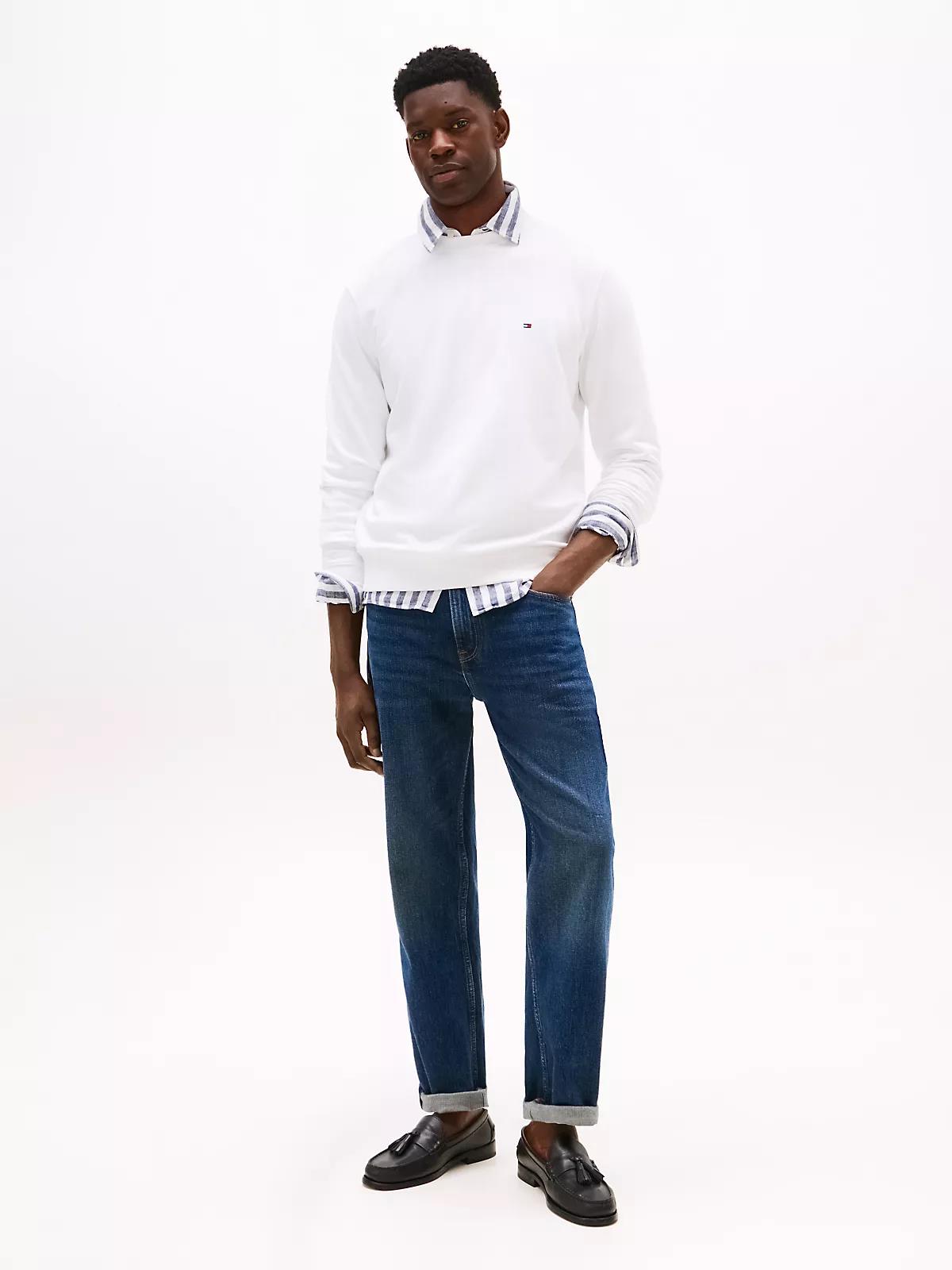 Tommy Hilfiger Tommy Hilfiger Erkek Pamuklu Normal Kalıp Yuvarlak Yakalı Uzun Kollu Beyaz Sweatshirt MW0MW37237-YBR