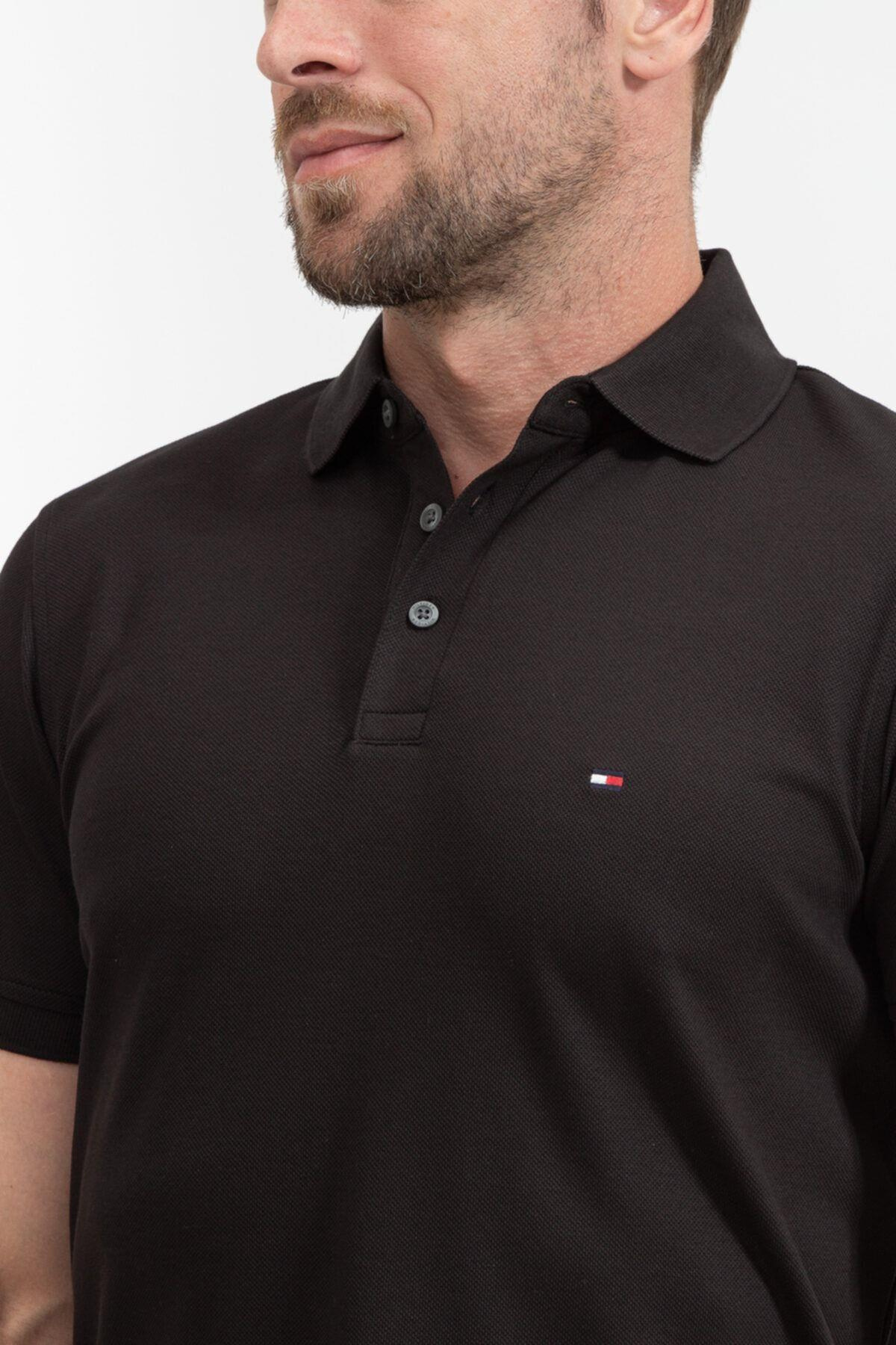 Tommy Hilfiger Tommy Hilfiger Erkek Pamuklu Polo Yakalı Düğme Kapamalı Kısa Kollu Siyah Polo Yaka T-Shirt MW0MW17771-BDS
