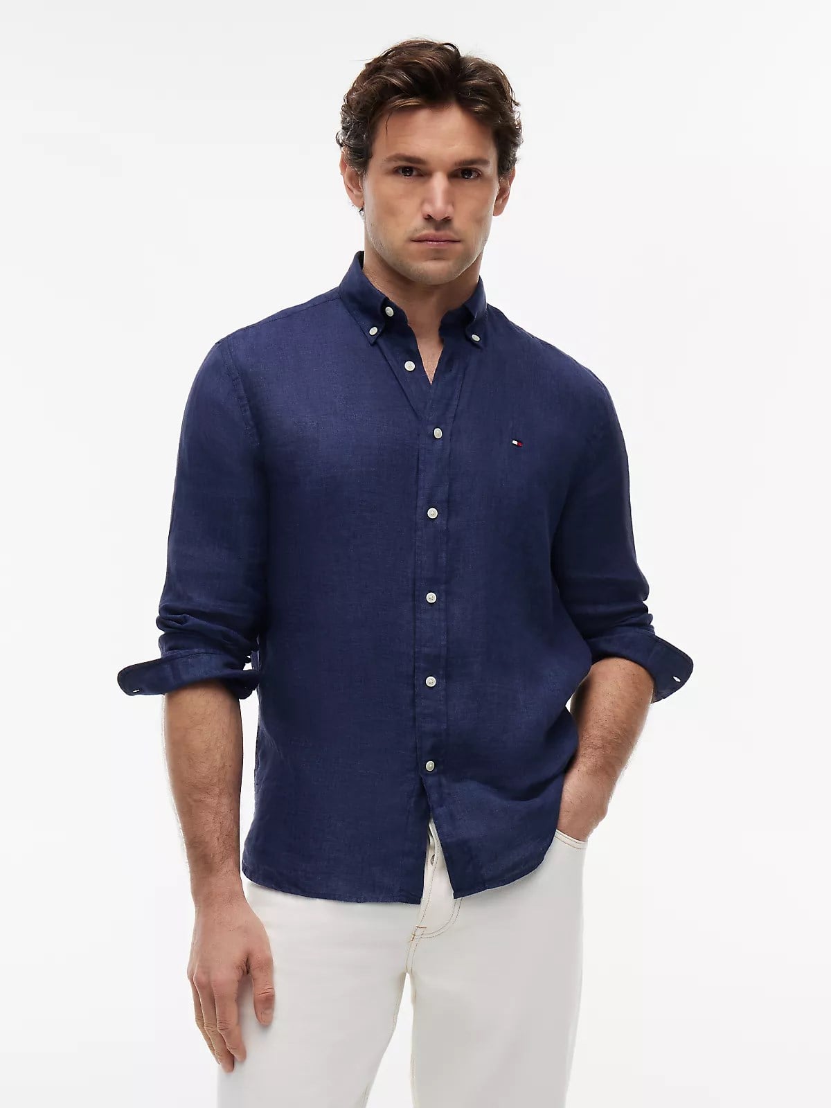 Tommy Hilfiger Tommy Hilfiger Erkek Regular Fit %100 Keten Logo İmzalı Uzun Kollu Lacivert Gömlek MW0MW41530-DCC