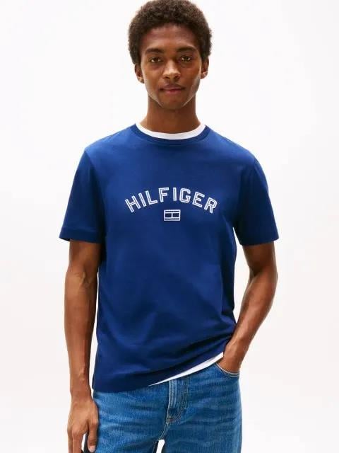 TOMMY HILFIGER Tommy Hilfiger Erkek Regular Fit Pamuklu Logo Baskılı Pamuklu Yuvarlak Yakalı Kısa Kollu Mavi T-Shirt MW0MW39357-C7G