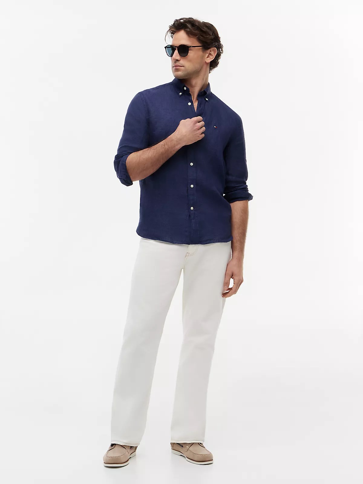 Tommy Hilfiger Tommy Hilfiger Erkek Regular Fit %100 Keten Logo İmzalı Uzun Kollu Lacivert Gömlek MW0MW41530-DCC