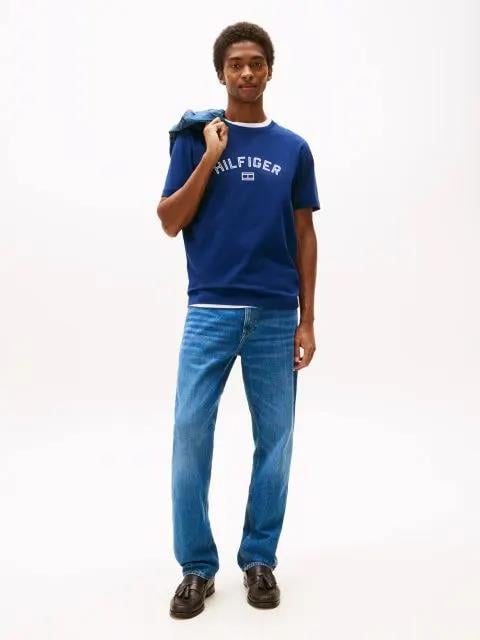TOMMY HILFIGER Tommy Hilfiger Erkek Regular Fit Pamuklu Logo Baskılı Pamuklu Yuvarlak Yakalı Kısa Kollu Mavi T-Shirt MW0MW39357-C7G