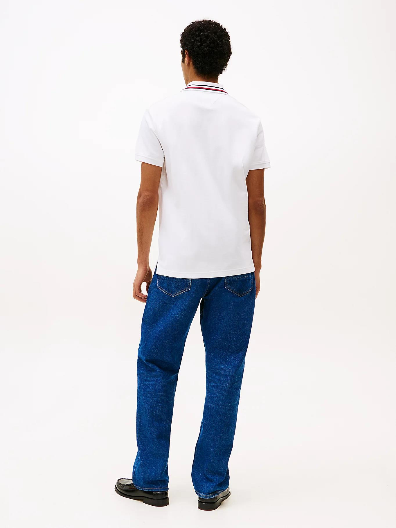 TOMMY HILFIGER Tommy Hilfiger Erkek Regular Fit Yakası Şerit Çizgi Detaylı Kısa Kollu Pamuklu Beyaz Polo Yaka T-Shirt MW0MW38484-YBR