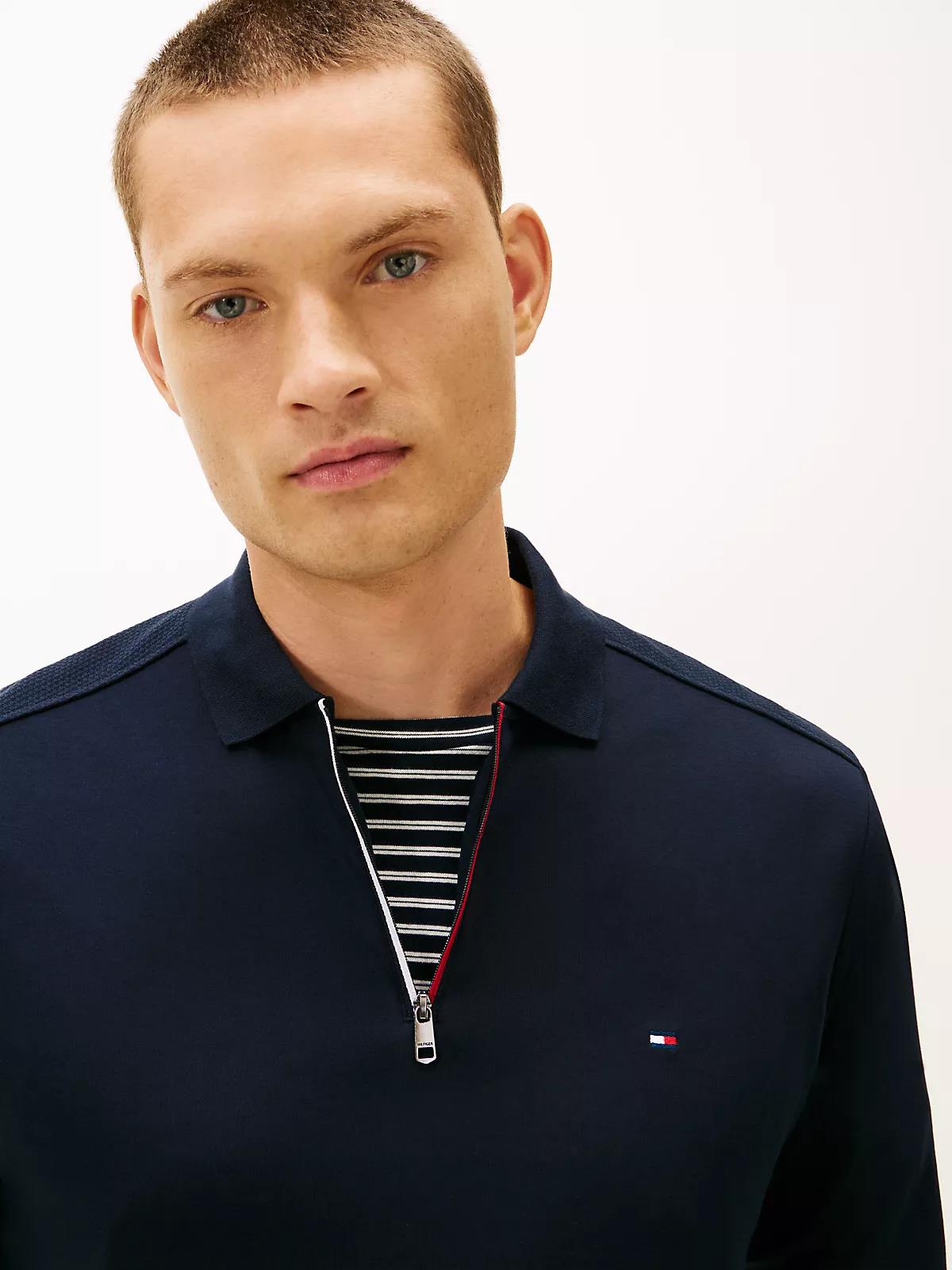Tommy Hilfiger Tommy Hilfiger Erkek Regular Fit Pamuklu Yarım Fermuarlı Uzun Kollu Lacivert Polo Yaka T-Shirt MW0MW42808-DW5