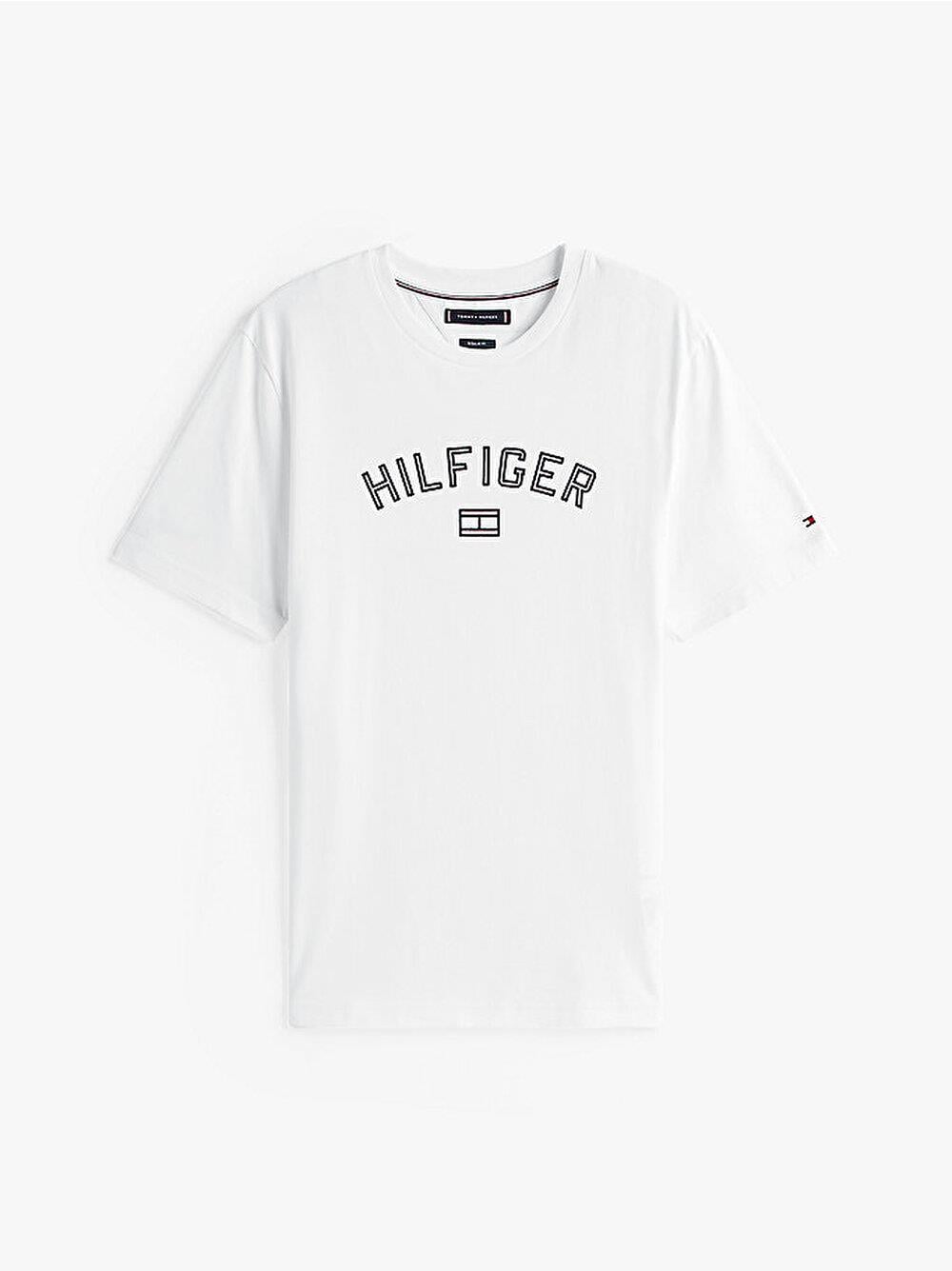 TOMMY HILFIGER Tommy Hilfiger Erkek Regular Fit Pamuklu Logo Baskılı Pamuklu Yuvarlak Yakalı Kısa Kollu Beyaz T-Shirt MW0MW39357-YBR